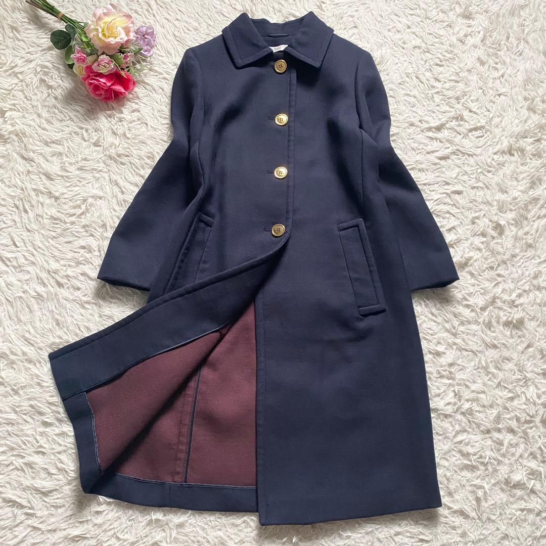 未使用□プラダ ステンカラー ロングコート 金ボタン ネイビー 44
