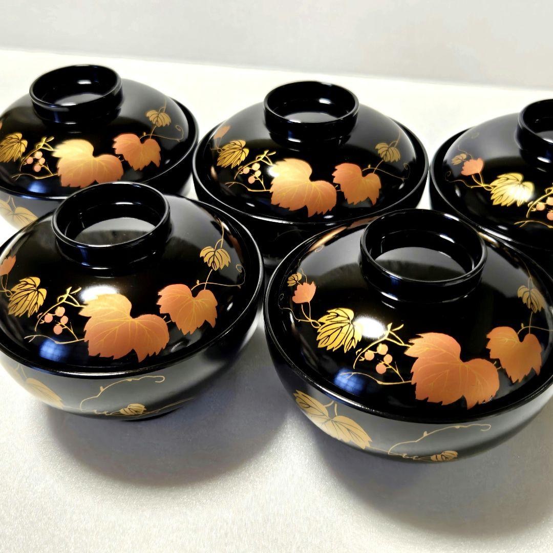 会津塗 漆器 金彩 蒔絵 蔦文様 蓋付きお吸物椀 5客 雑煮椀 汁椀 吸椀
