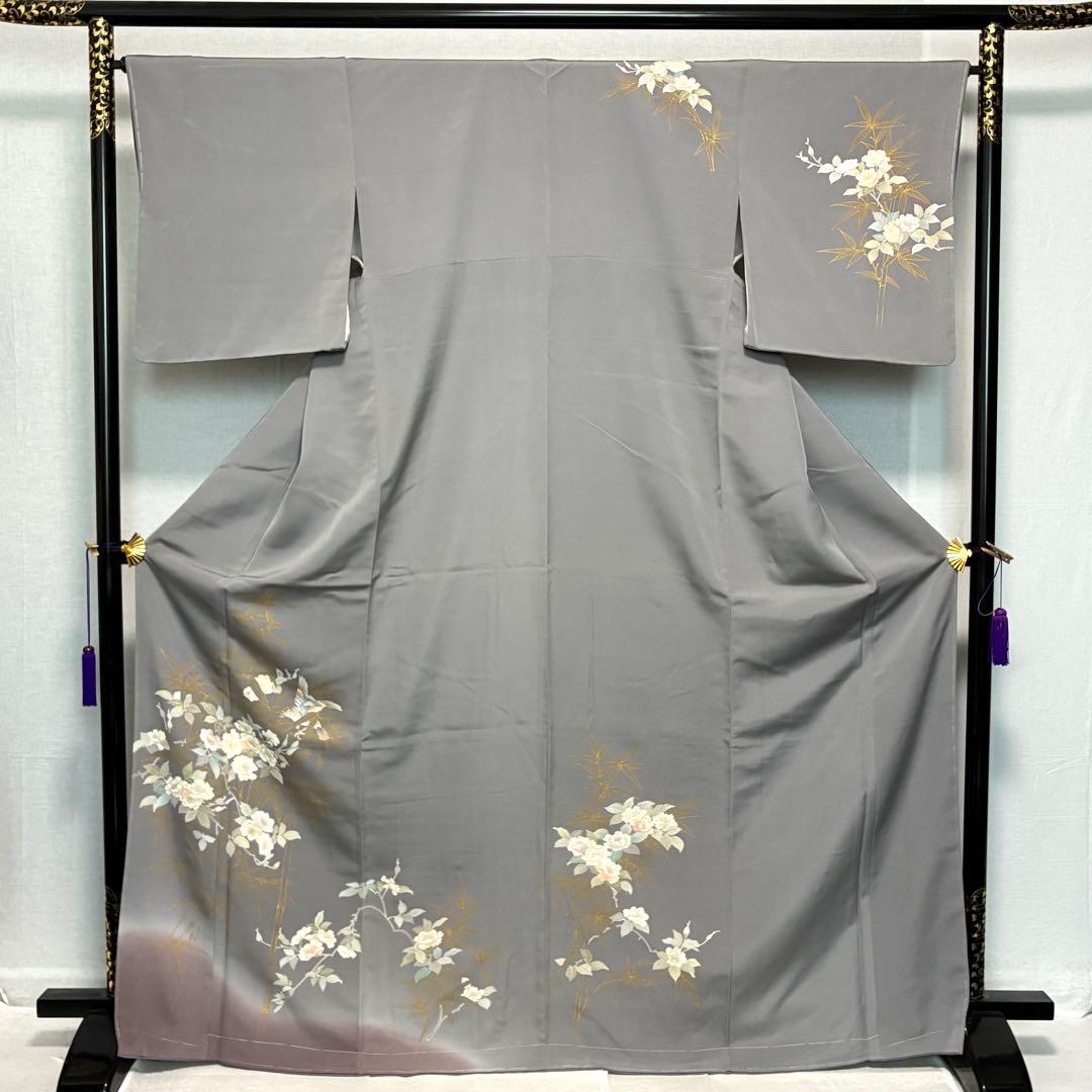 D414 訪問着 手描き 花模様 鳥 縫い紋 正絹 着物 袷 未使用極美品