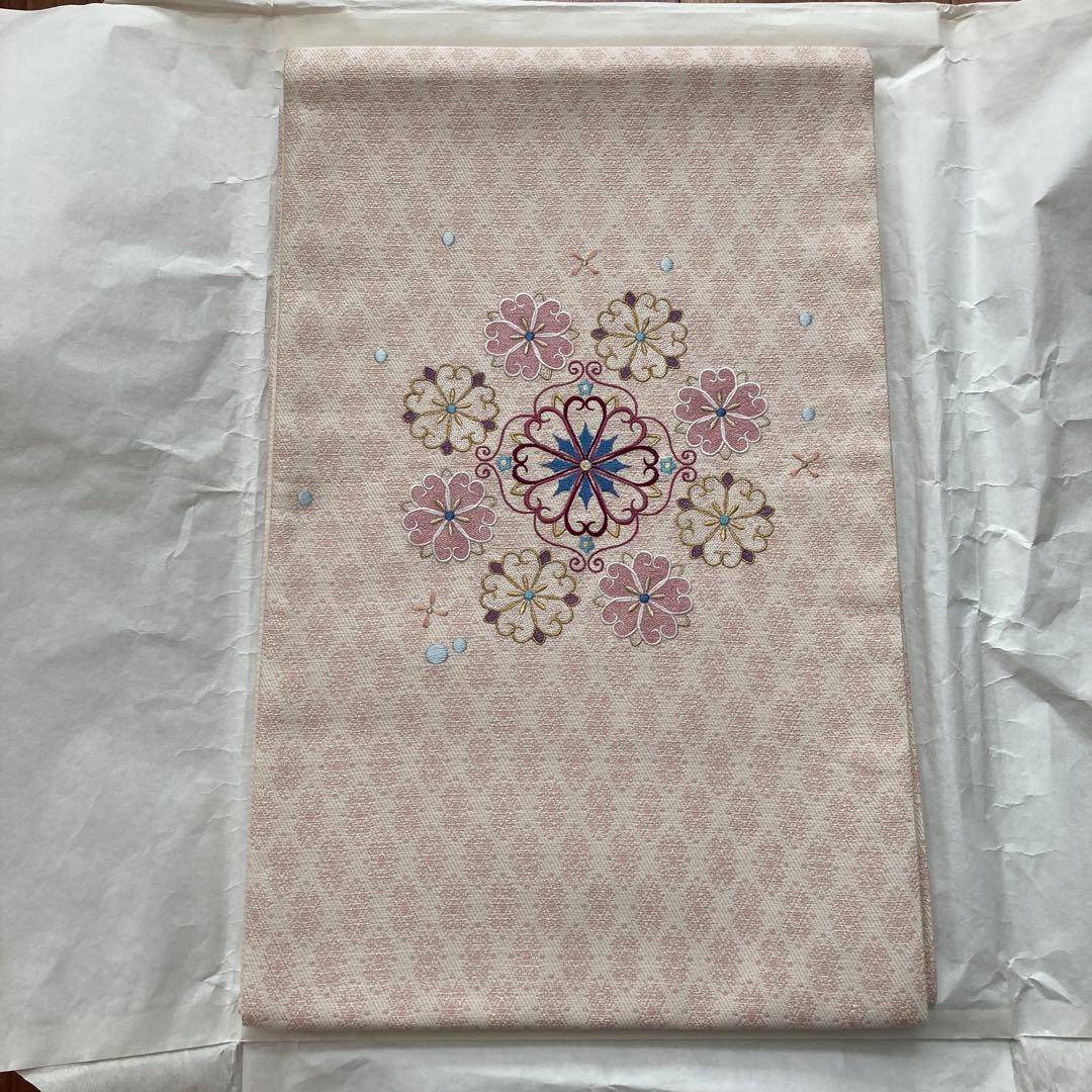 【極美品】【未使用】【激安】花柄刺繍 袋帯 ピンク系 4way] 京袋帯 なごや帯 創作パッチ (菊花×小市松×ちりめん) パッチ