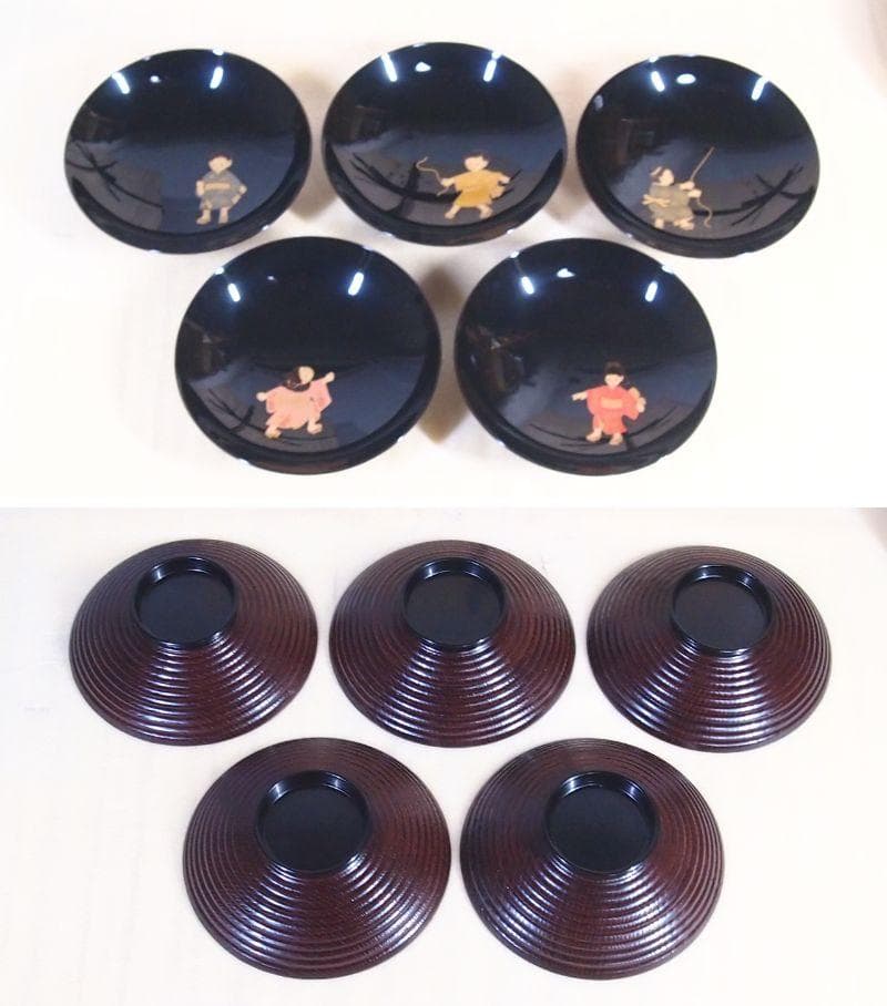 未使用】輪島塗 童蒔絵 煮物椀 5客 千筋木地呂塗 雑煮