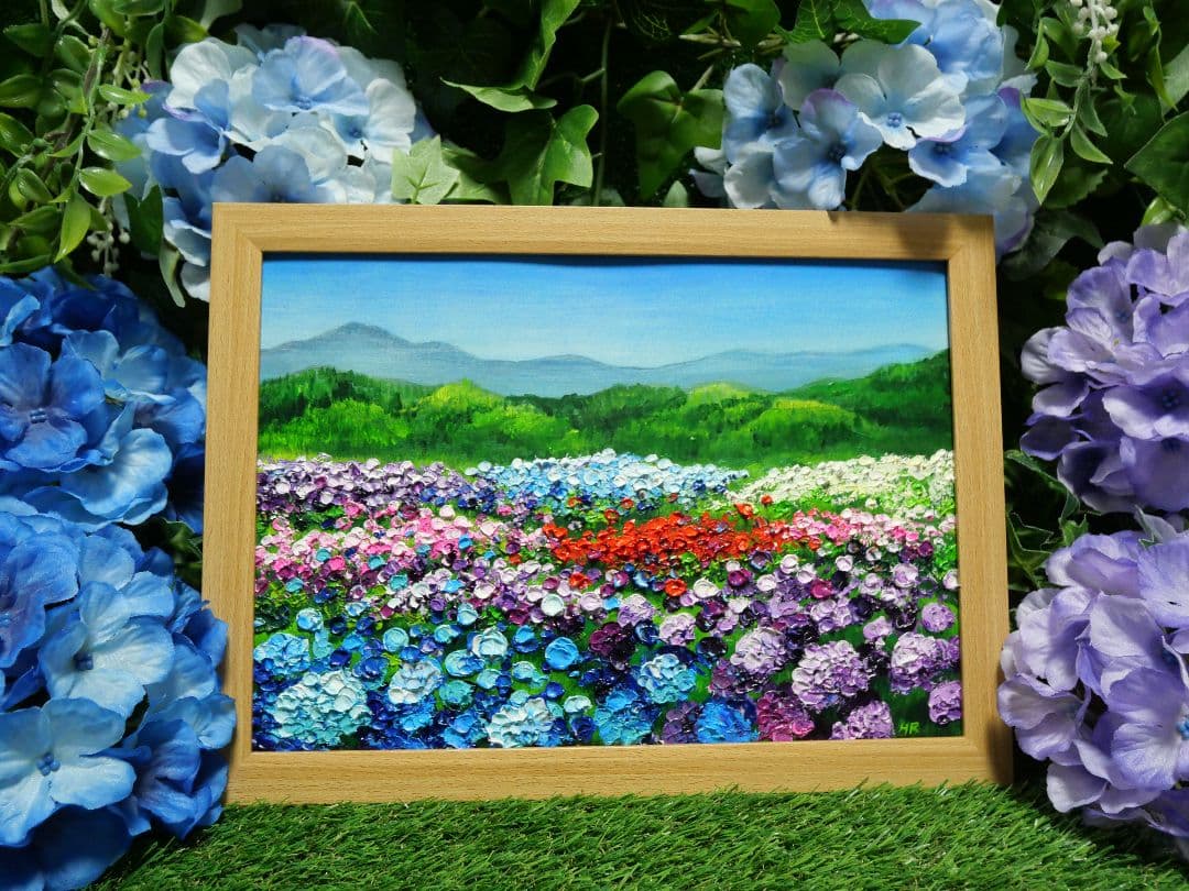 油絵 絵画 【アジサイの丘】 ロシア アジサイの絵 花束原画 青い花 油絵 壁飾り 藍染 Artpainting