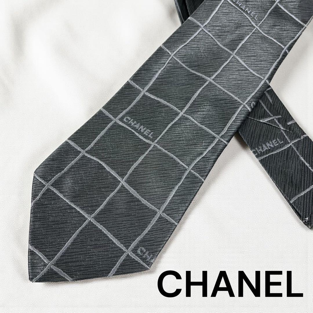 CHANEL シャネル グレー シルク チェック柄 ネクタイ - メルカリ