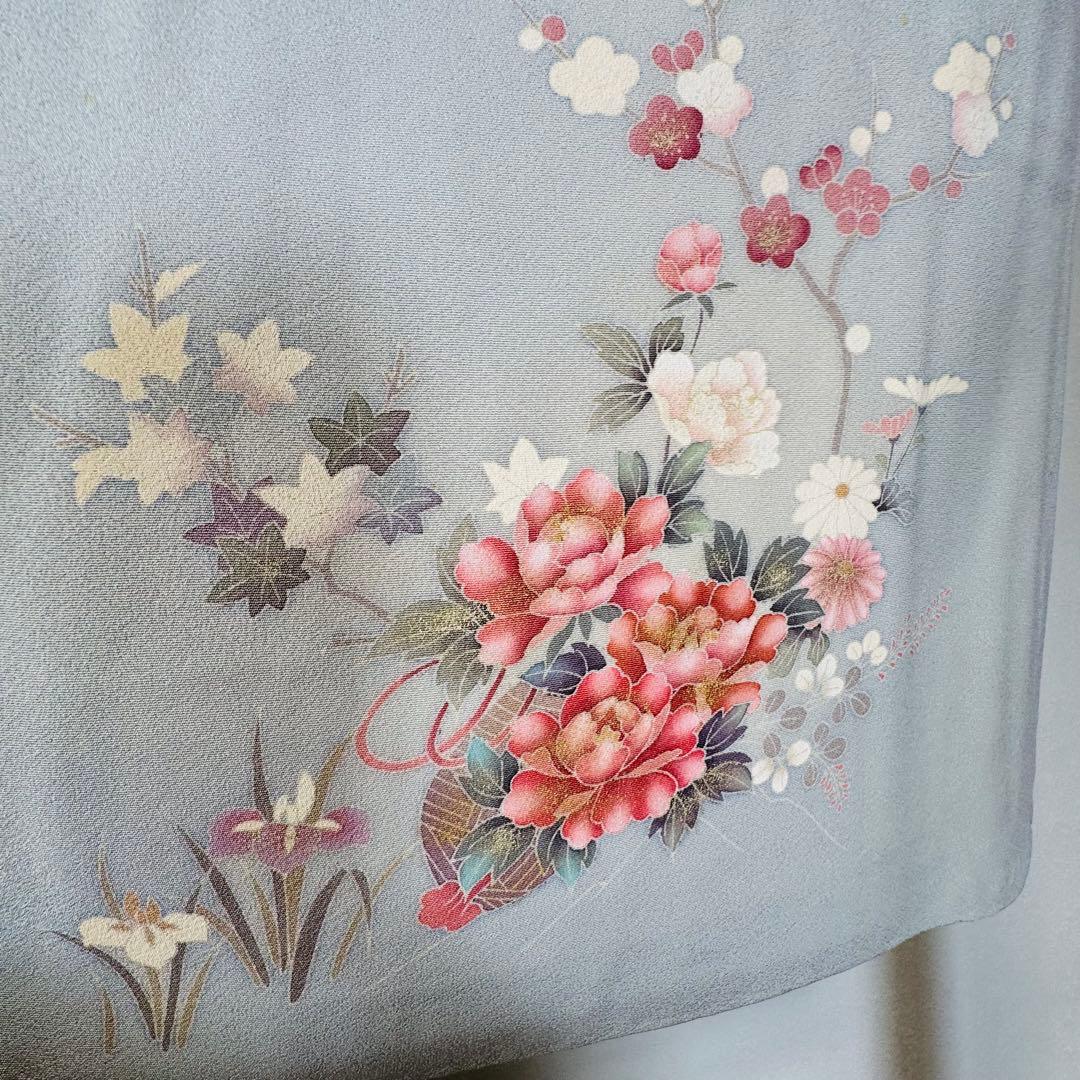 超美品 正絹 袷 広襟 訪問着 付け下げ 着物 162裄61.5 水色 作家物