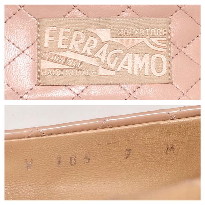 フェラガモ ヴァラ　キルティング　フラットシューズ　エナメル　24.5cm