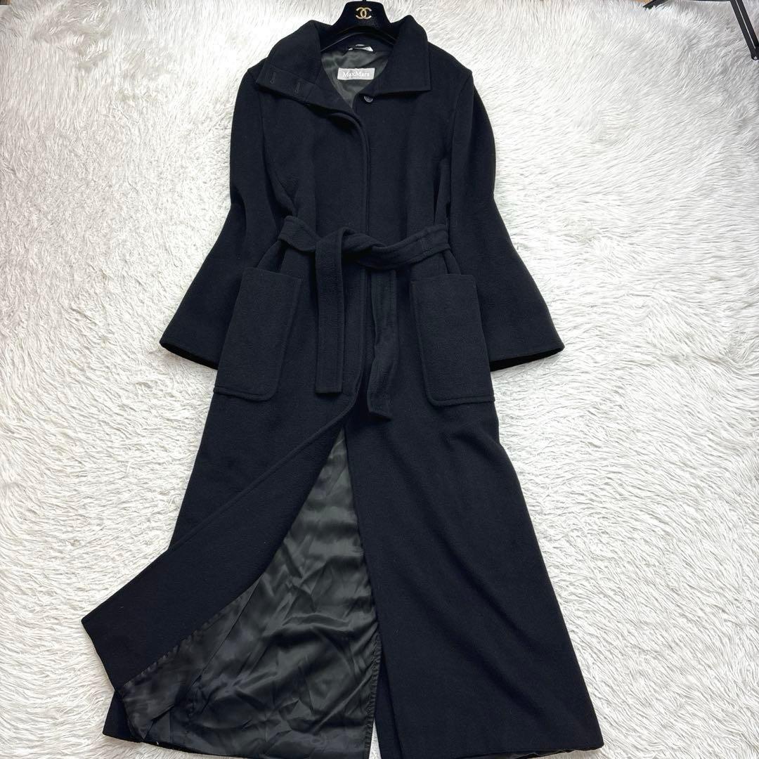 マックスマーラ ベルテット ロングコート 黒 サイズ42 希少42✨極美品 マックスマーラ ベルテッドコート 高級ウール 女優襟