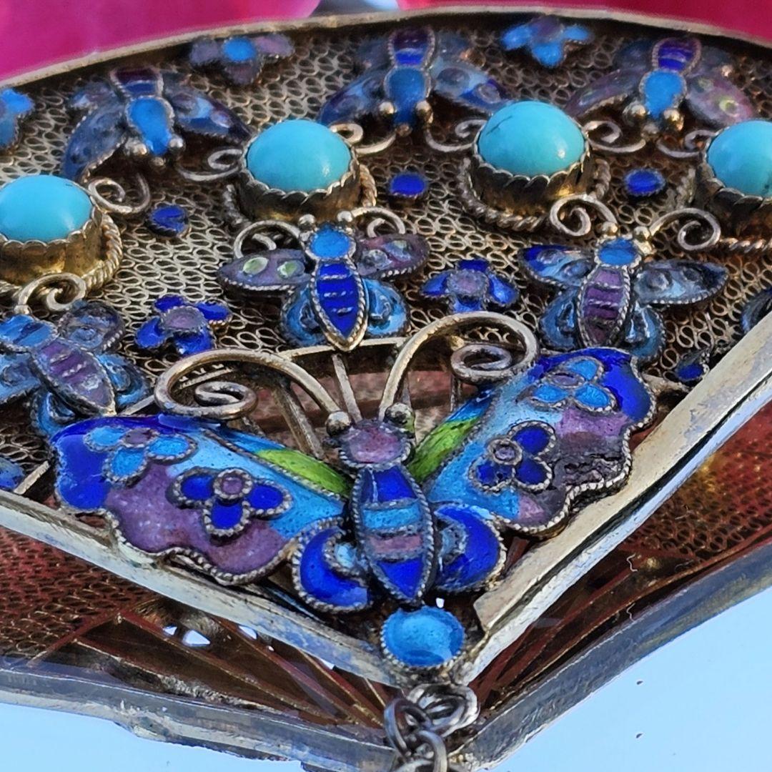 264】中国七宝 銀線細工 蝶々 ヴィンテージブローチ ターコイズ 扇