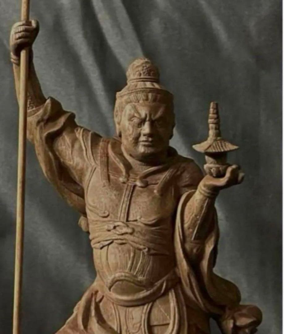 仏教工芸品 総楠製 井波彫刻 極上彫 木彫仏像 毘沙門天立像