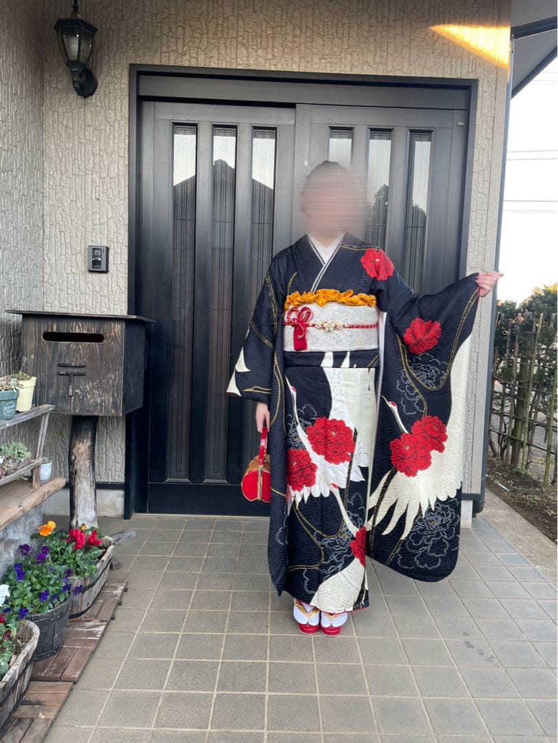 大幅値下げ‼️即発送・美品　正絹 振袖 フルセット 黒 鶴 成人式・前撮り・卒業式 仕立て付 正絹振袖 単品 花 桜 f-171-t 黒 丹後ちりめん 刺繍 新品購入