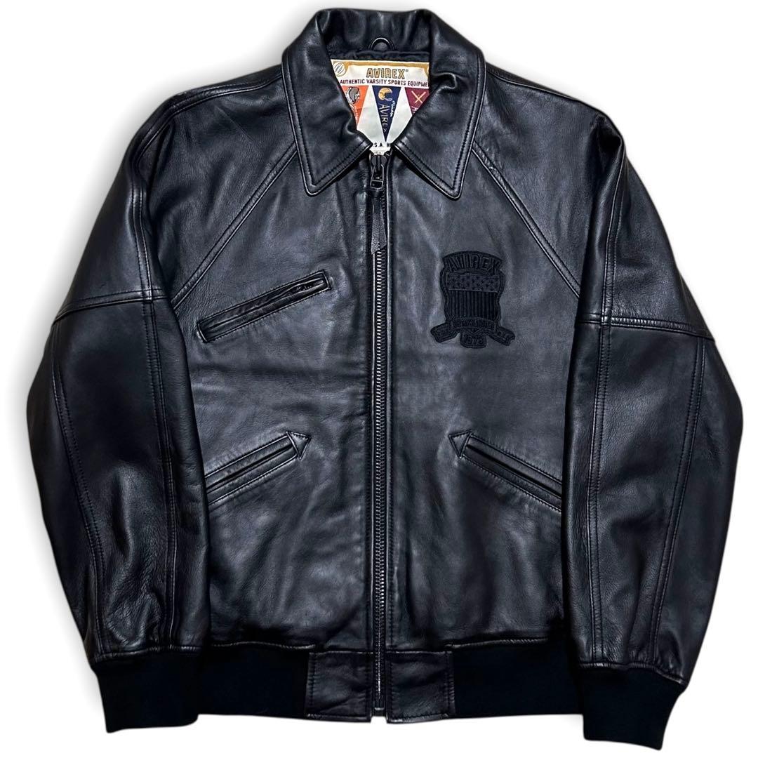 未使用級 AVIREX レザージャケット オールブラック 羊革 スタジャン