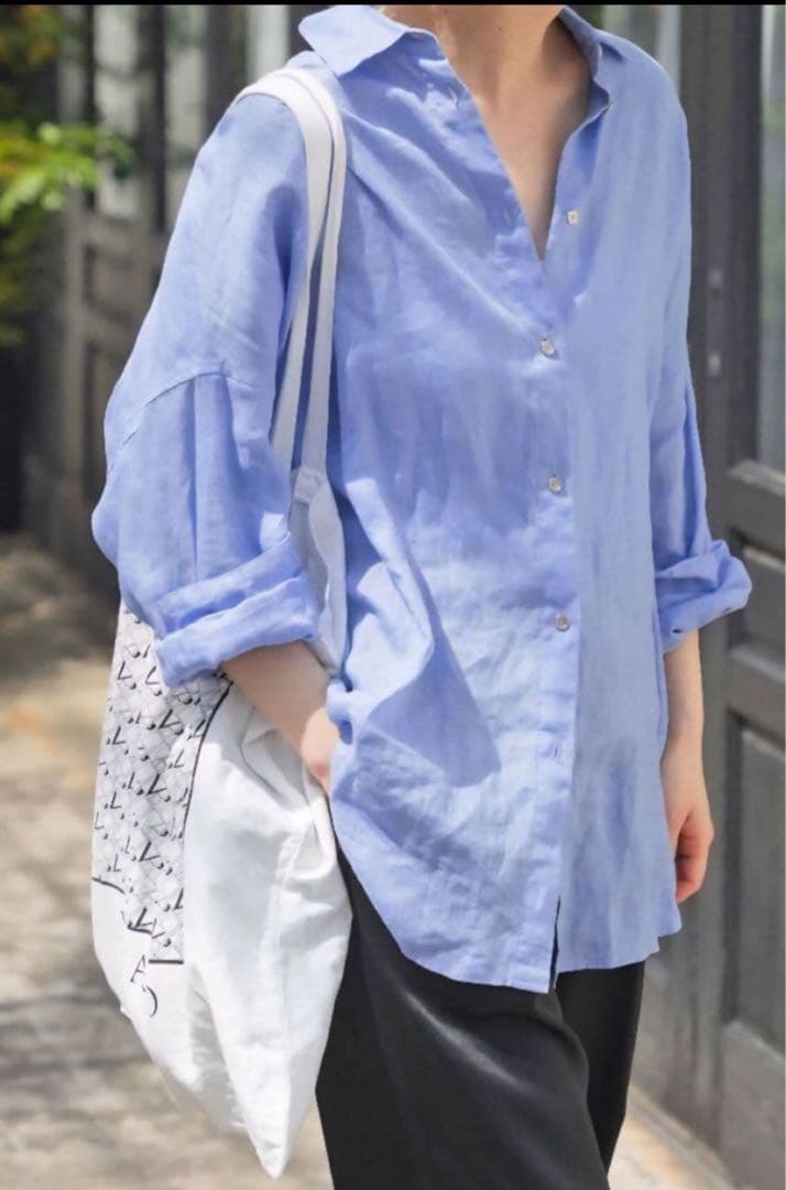 美品】スピック＆スパン 80リネンカシュクール ビッグシャツ サックス