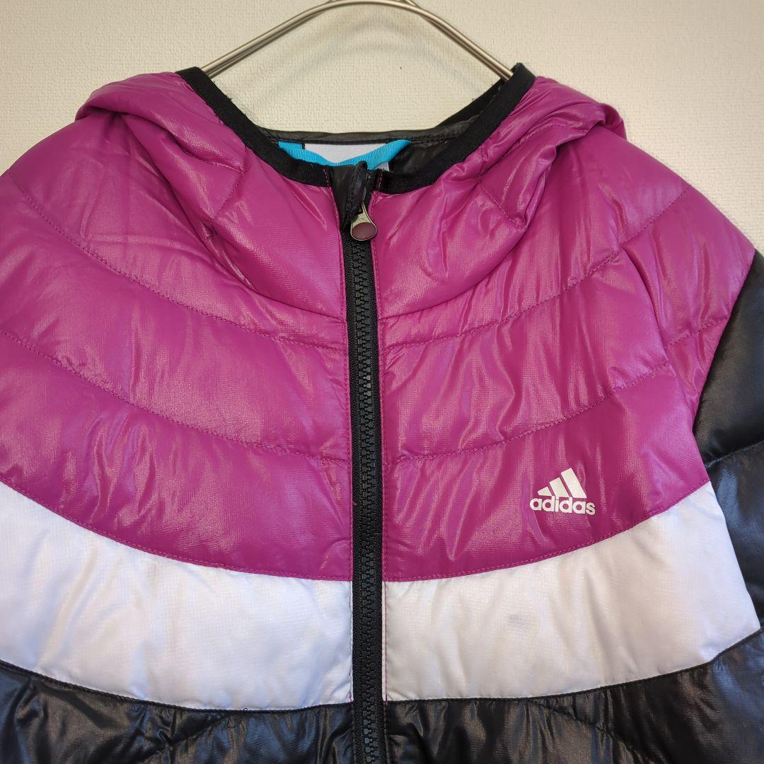 adidas ダウンジャケット Mサイズ 黒✕ピンク✕白 フード 軽量 - メルカリ
