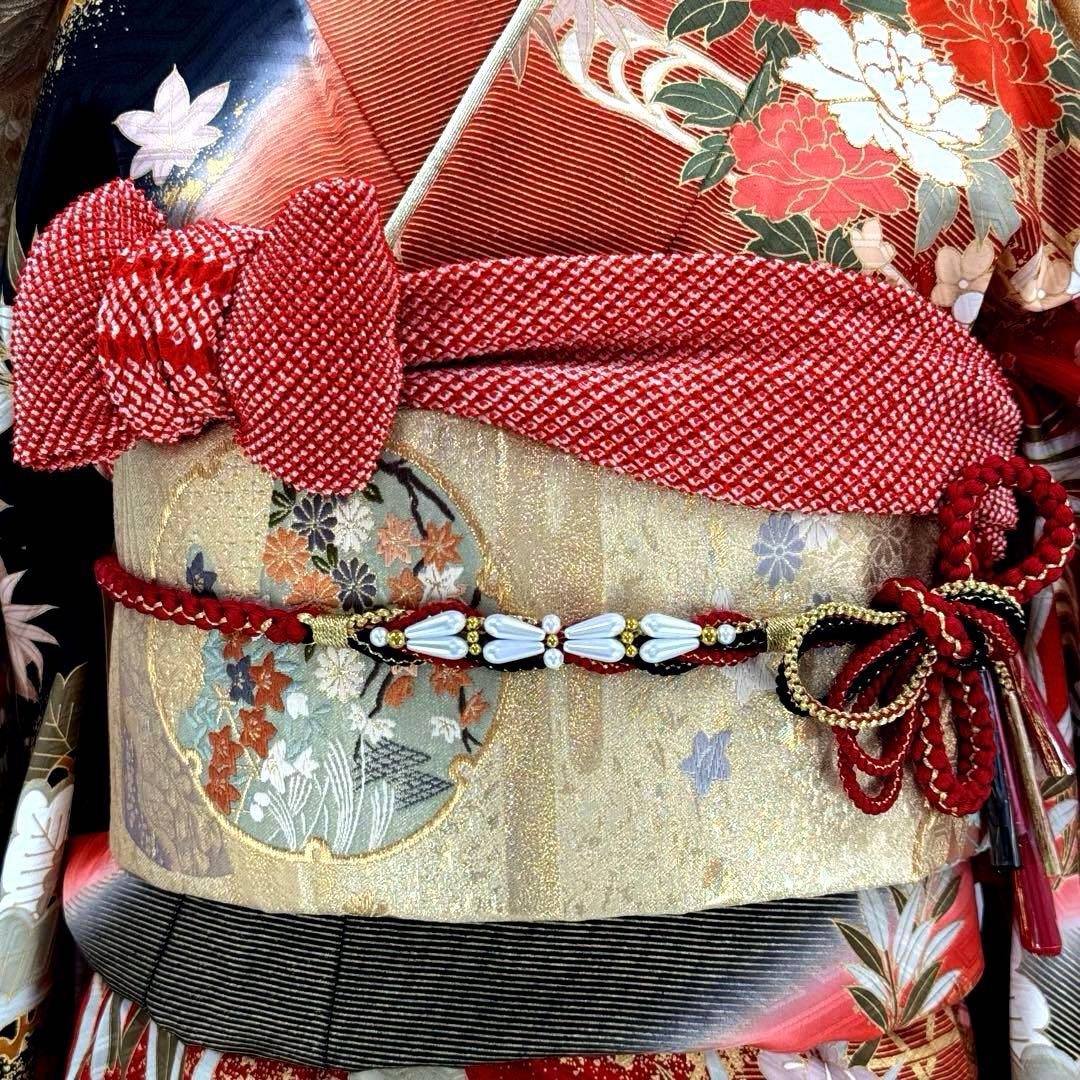 逸品 振袖7点フルセット 金駒刺繍 豪華金彩 鴛鴦 四季草花文様 成人