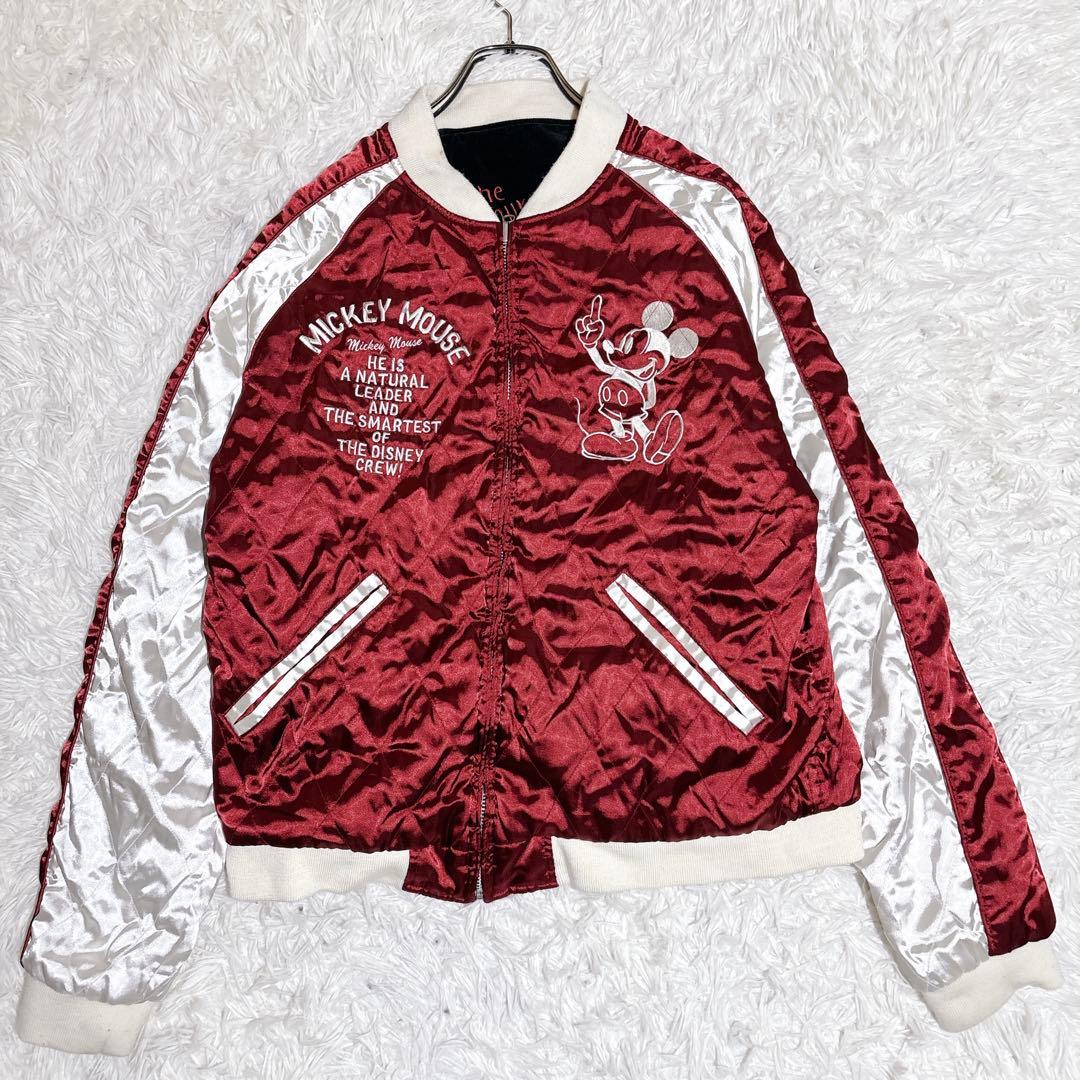 00s ディズニー ミッキー リバーシブル スカジャン L 刺繍 ブラック 赤