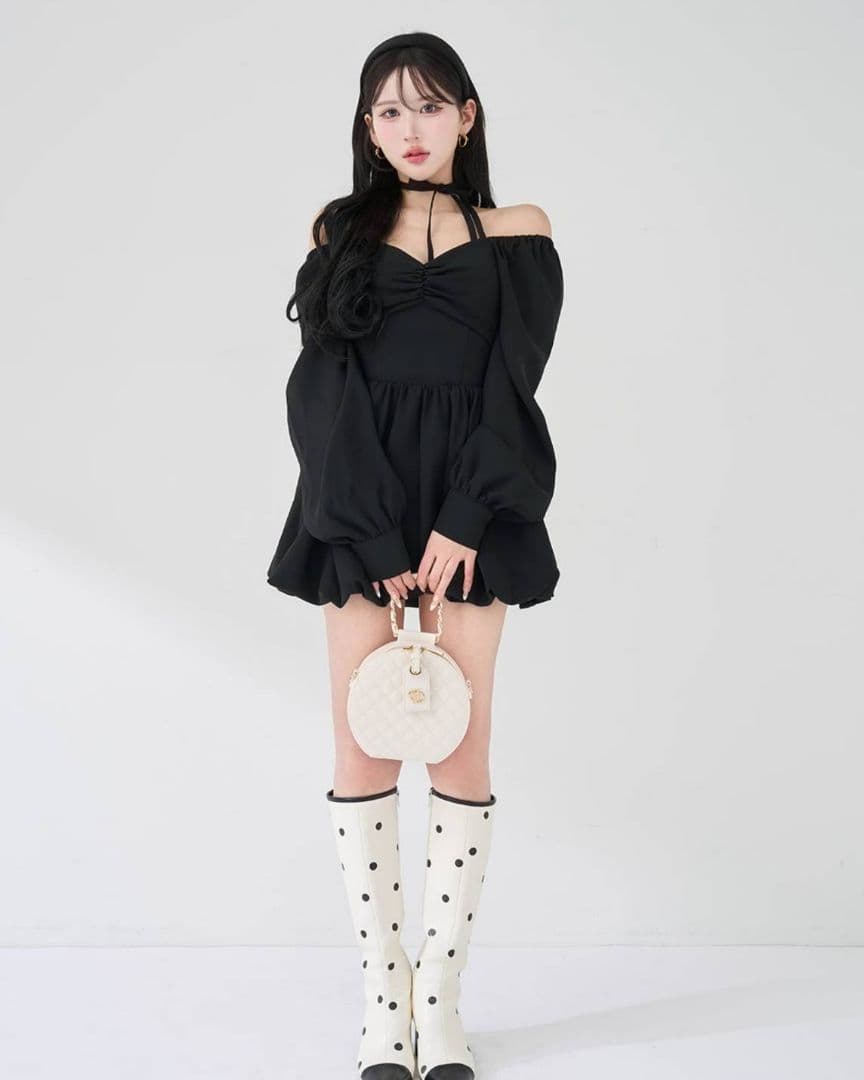 ダーリッチ ウエストコルセットバルーンミニワンピース 黒 ブラック