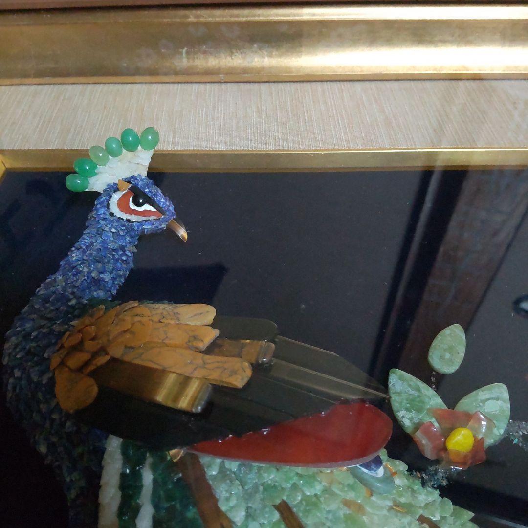 天然石絵画・貴石絵画・アンテーク美術工芸品／孔雀（クジャク］／俊若