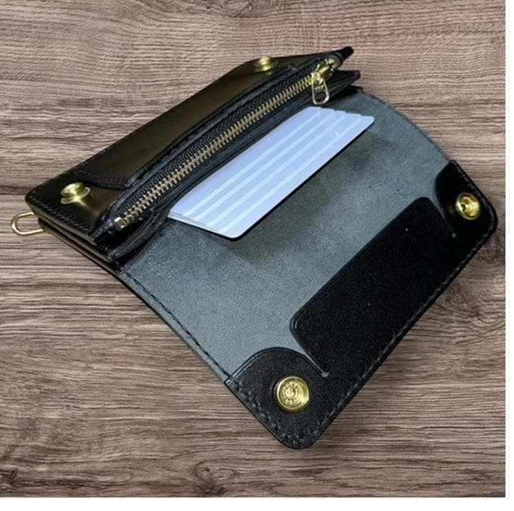 ⑥ミドルトラッカーウォレット/栃木レザー黒色/ホック真鍮/小判カン