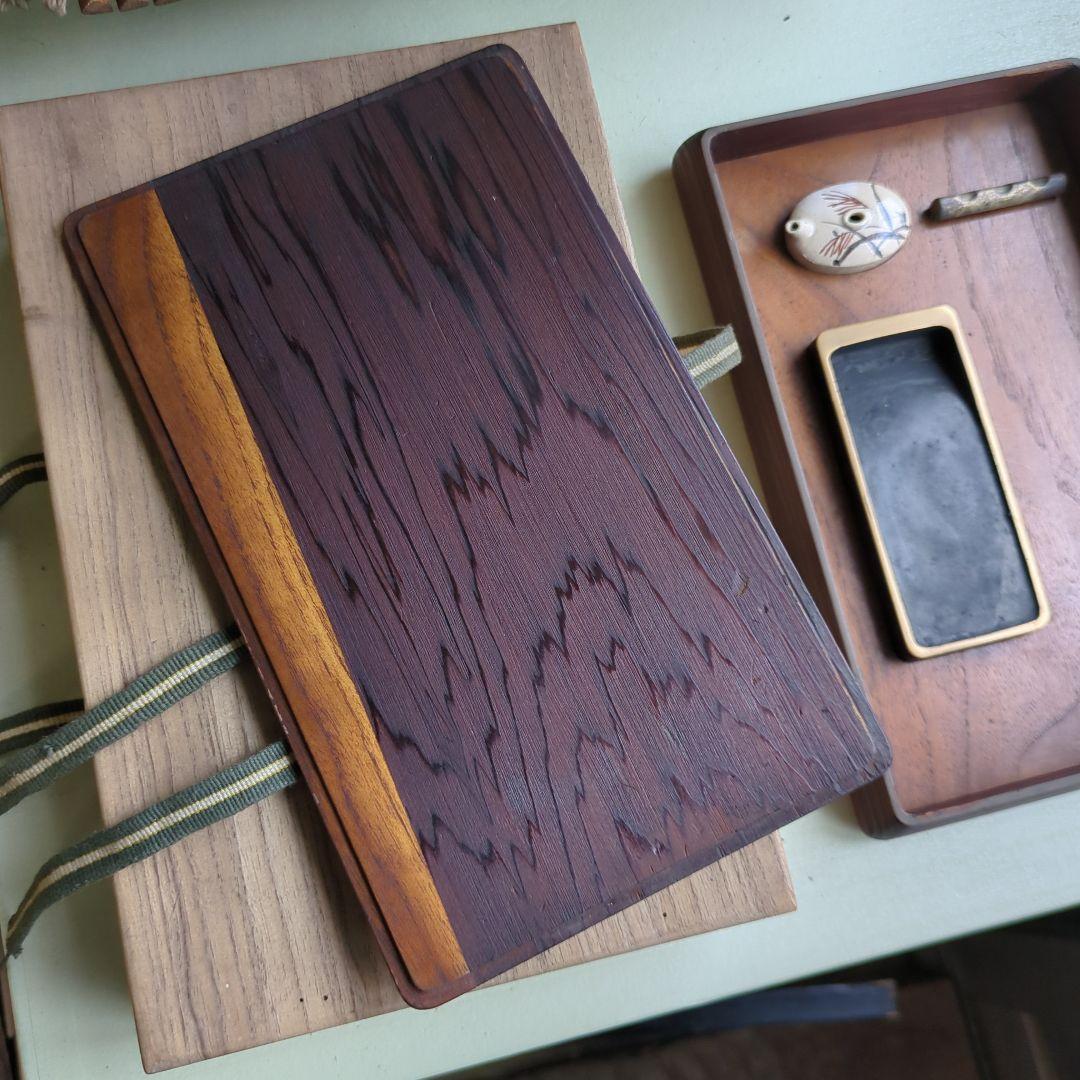 硯箱 桐の花 すすき 蒔絵 螺鈿 陶器 木製 桐 硯、水滴 筆置付 木