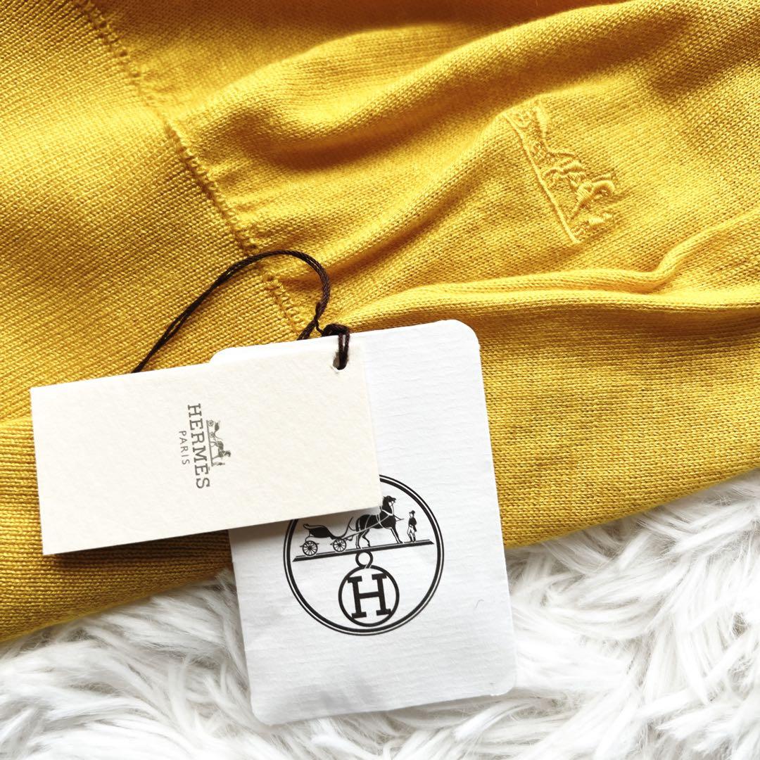 新品 HERMES エルメス 刺繍 カシミヤ シルク Vネックニット イエロー