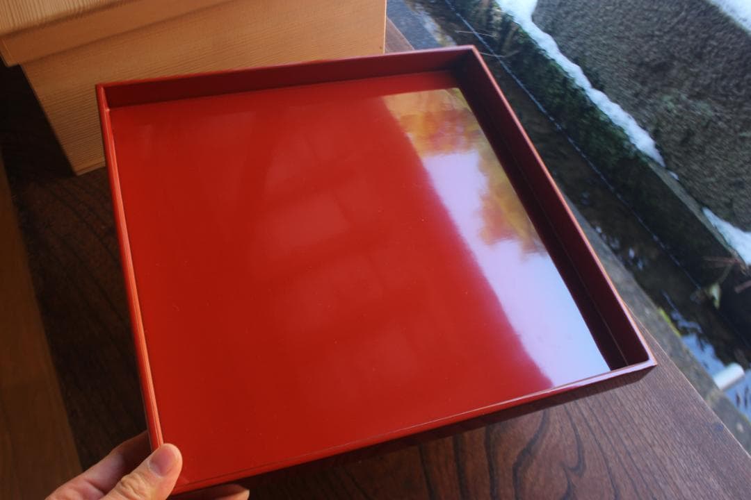 専用！！端正な隅不切デザインに極上朱漆の映える四方折敷5点（検京塗