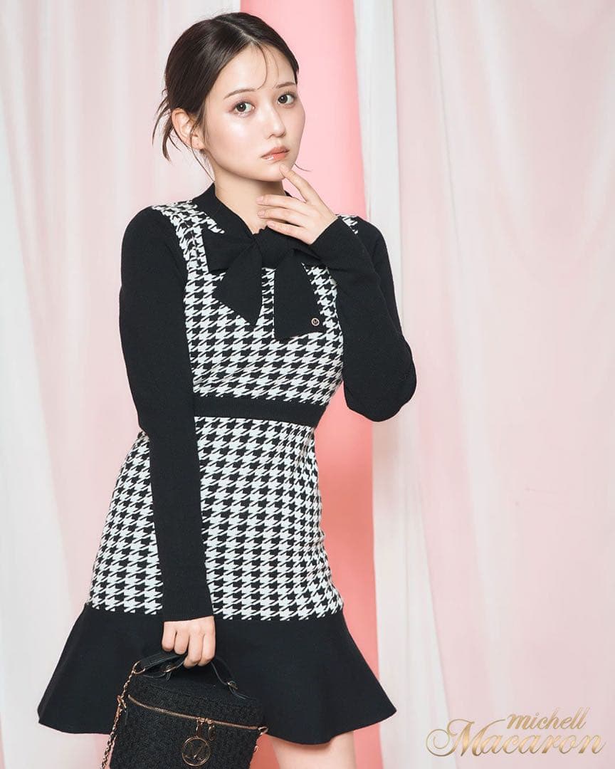 新品未使用 ミシェルマカロン リボンニットワンピース 千鳥柄 XS