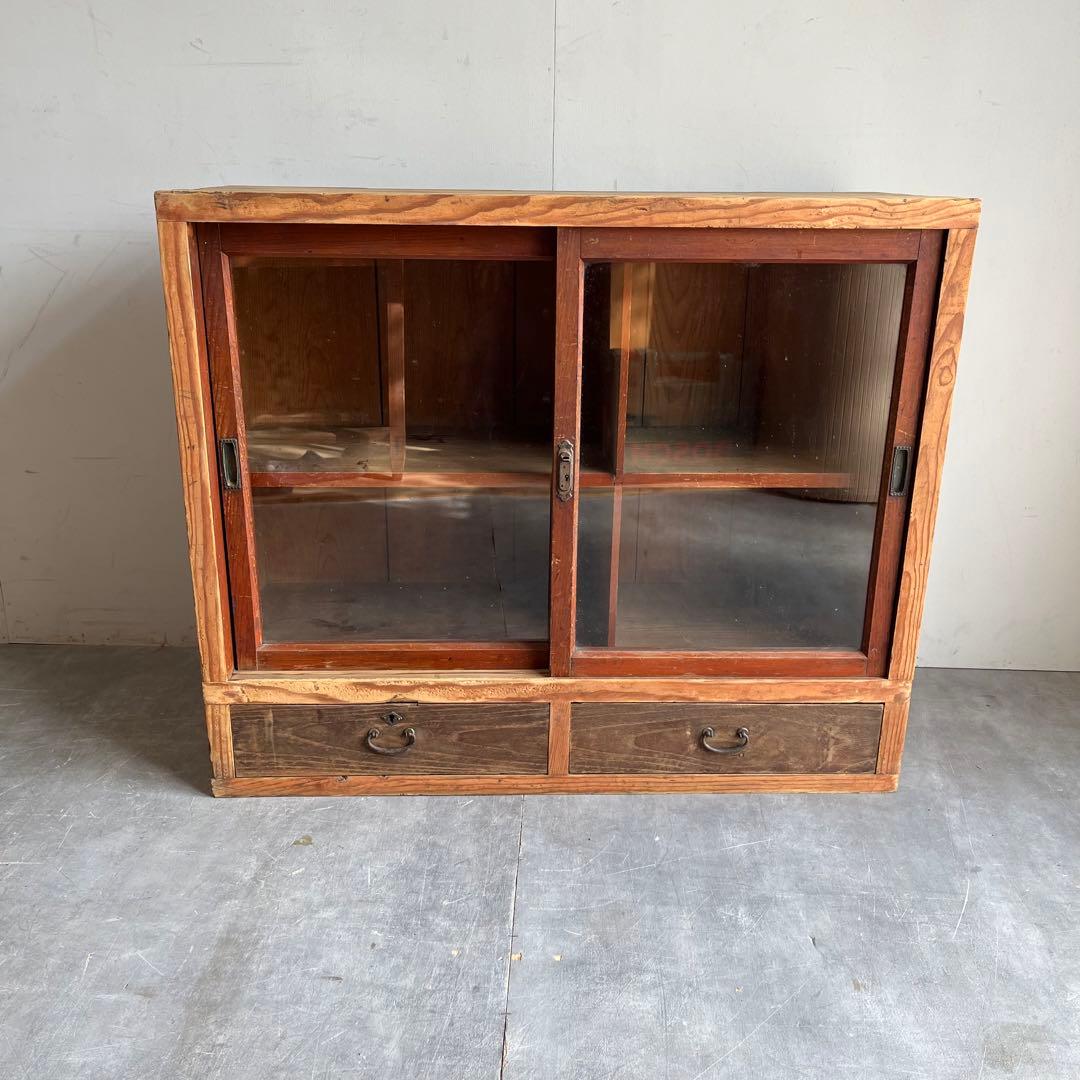 アンティーク ガラス 戸棚 本棚 食器棚 昭和レトロ キャビネット 無垢