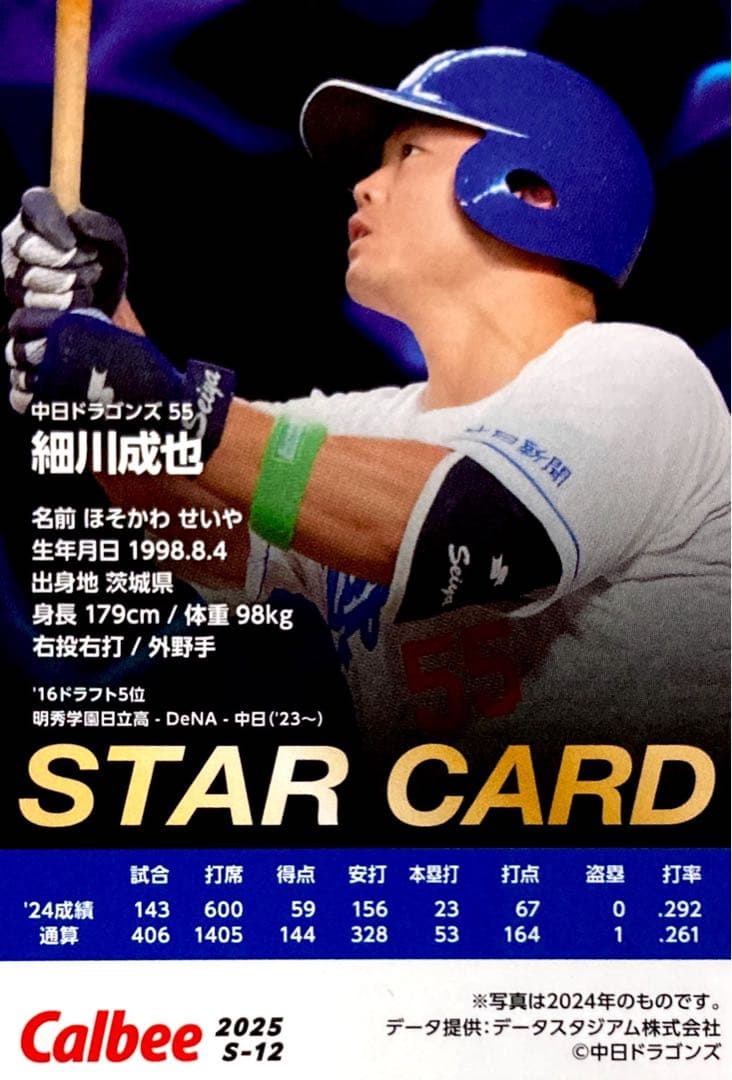 細川成也 中日ドラゴンズ スターカード プロ野球チップス 2025 第1弾