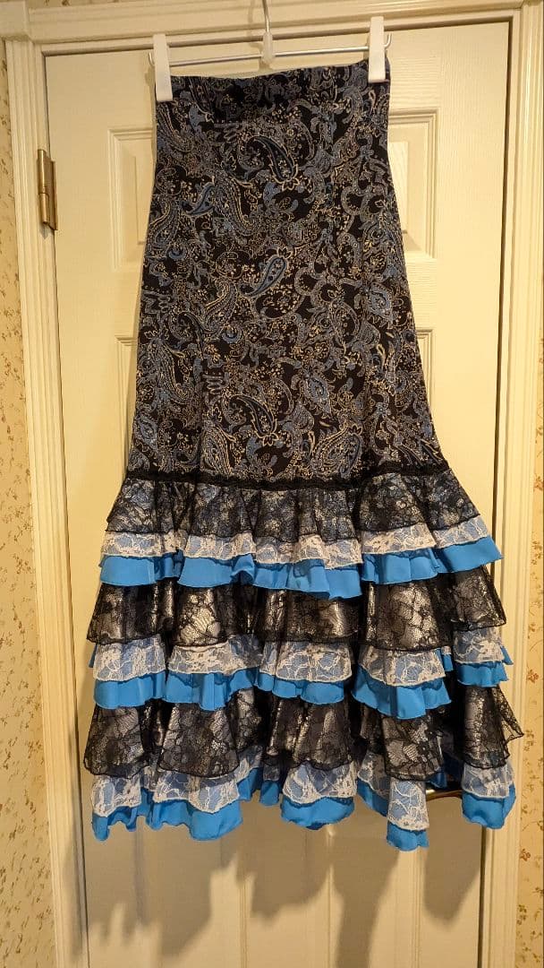 フラメンコ　ファルダ 黒と青 フラメンコスカート フラメンコファルダ フラメンコ衣装 練習用 青