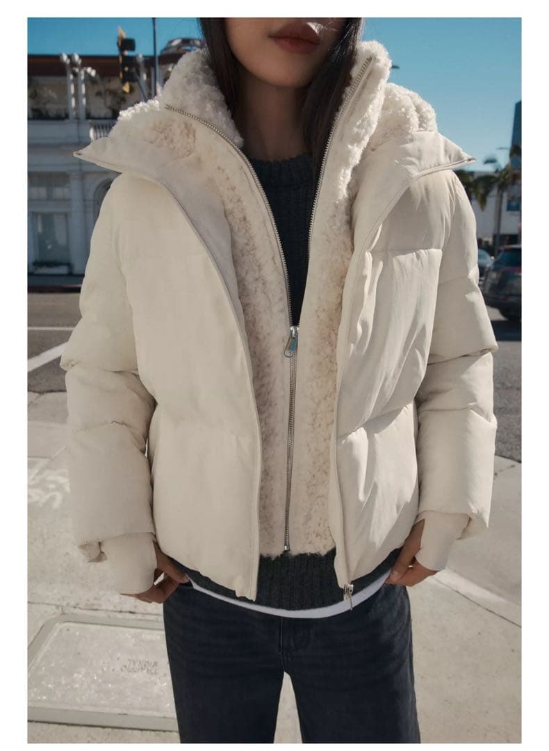 ZARA 新品フェイクシープスキンフード付き撥水ウィンドブレーカー