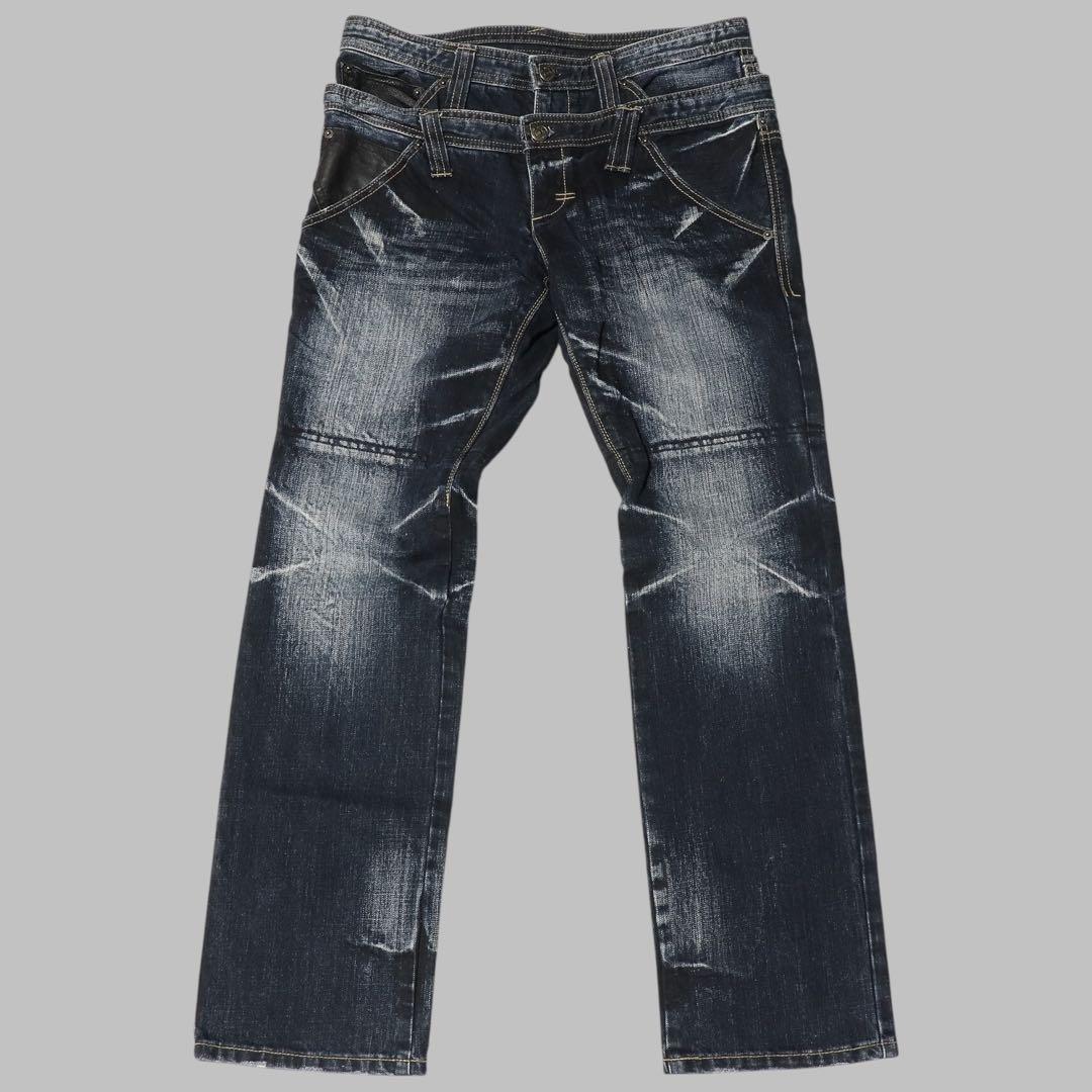 PPFM☆ダブルウエスト デニム ジーンズ☆本革☆Y2K Archive☆00s