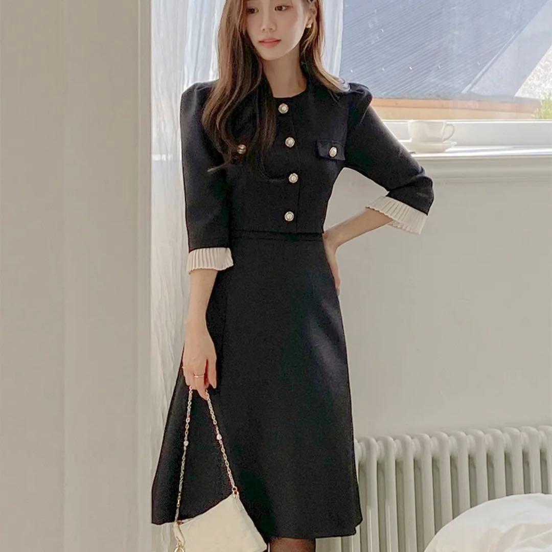 DHOLIC パール調ボタン プリーツ 7分袖 ツイード Aライン ワンピース 1888771_24965993_k3.jpg