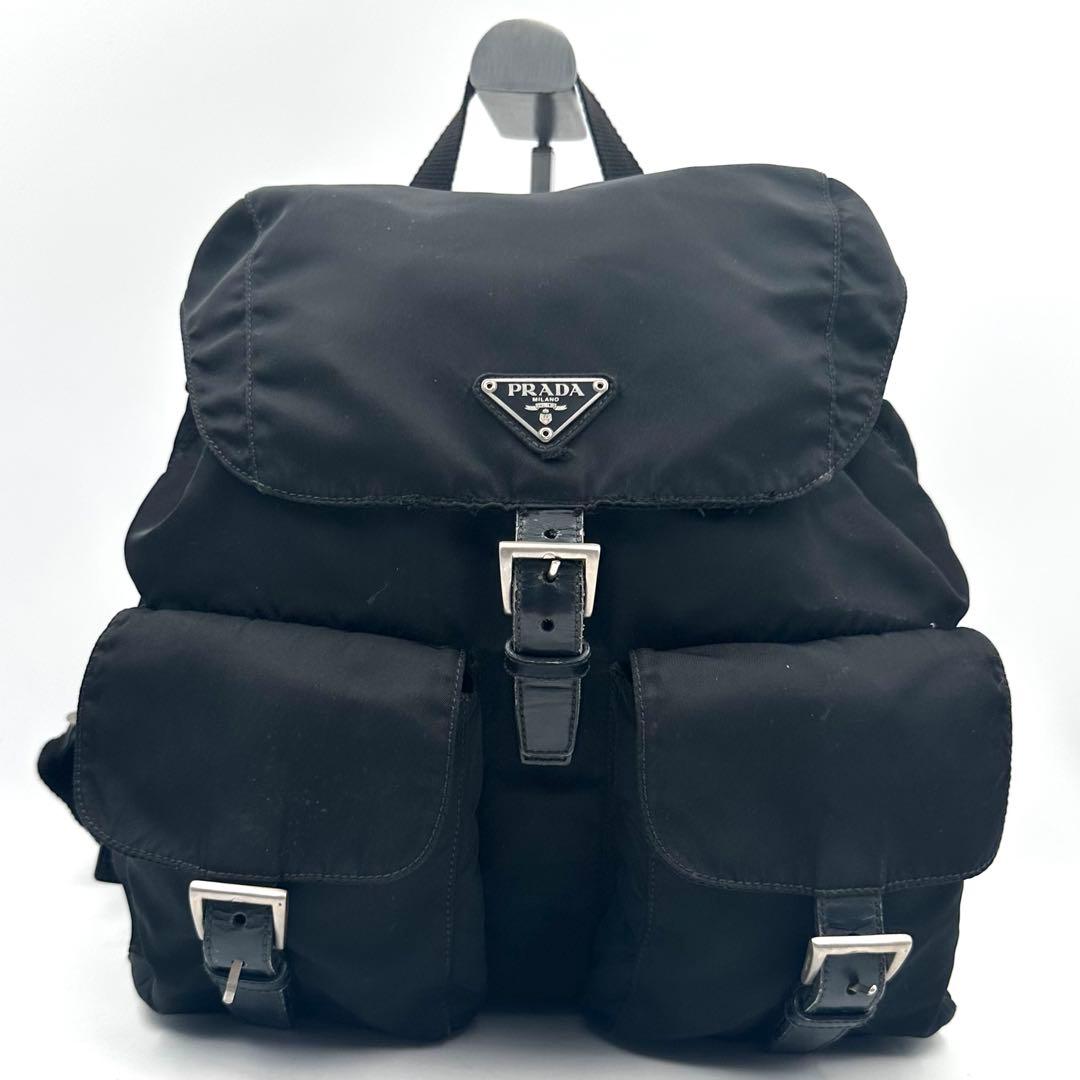 《良品》PRADA 三角ロゴ Wポケット ナイロン レザーリュック デイパック