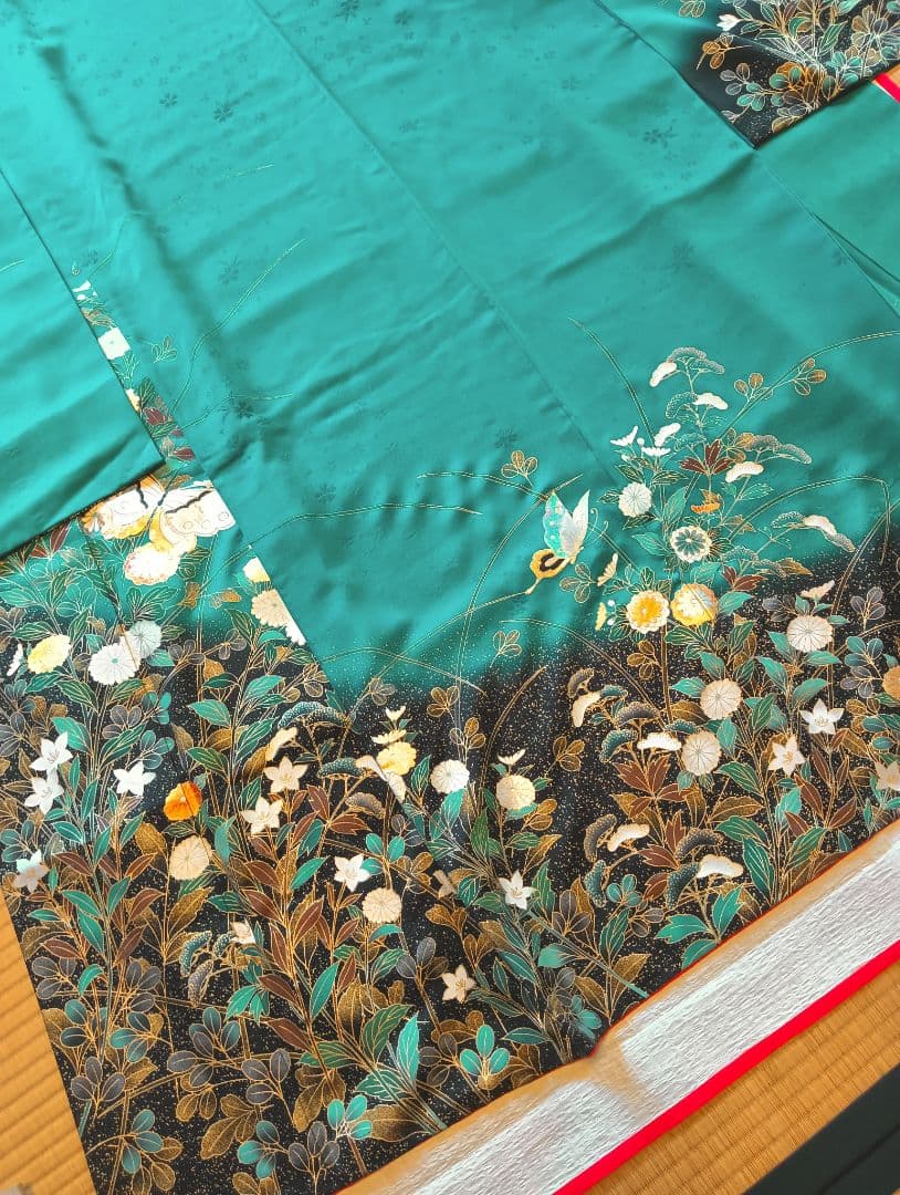振袖フルセット エメラルドグリーン に金彩花蝶 丈164 裄64.5 - メルカリ