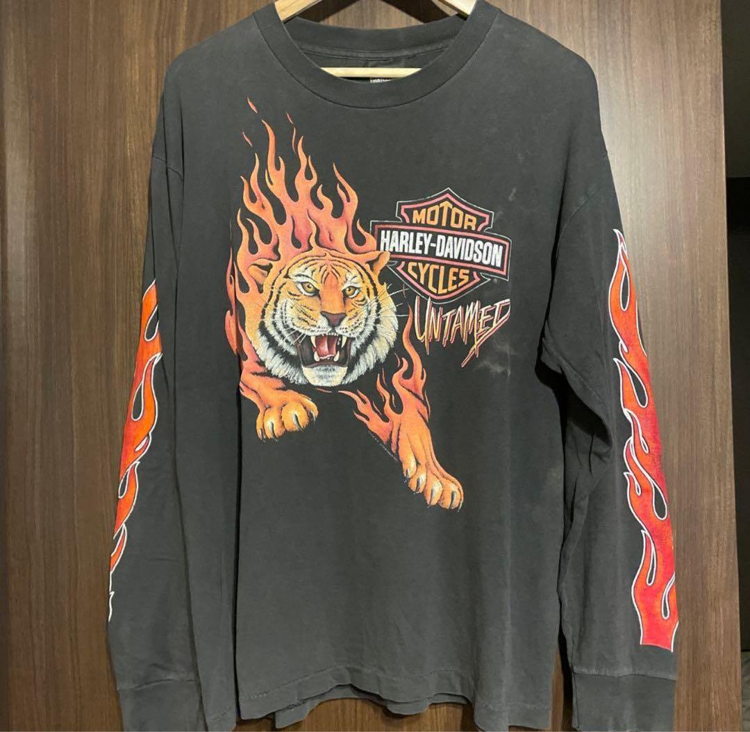 HARLEY希少FlameTiger90s美しいリアルフェードこれこそ本物です！ 90's Harley-Davidson ジャガー 3D エンブレム Tシャツ 黒 (XL)/A6984T