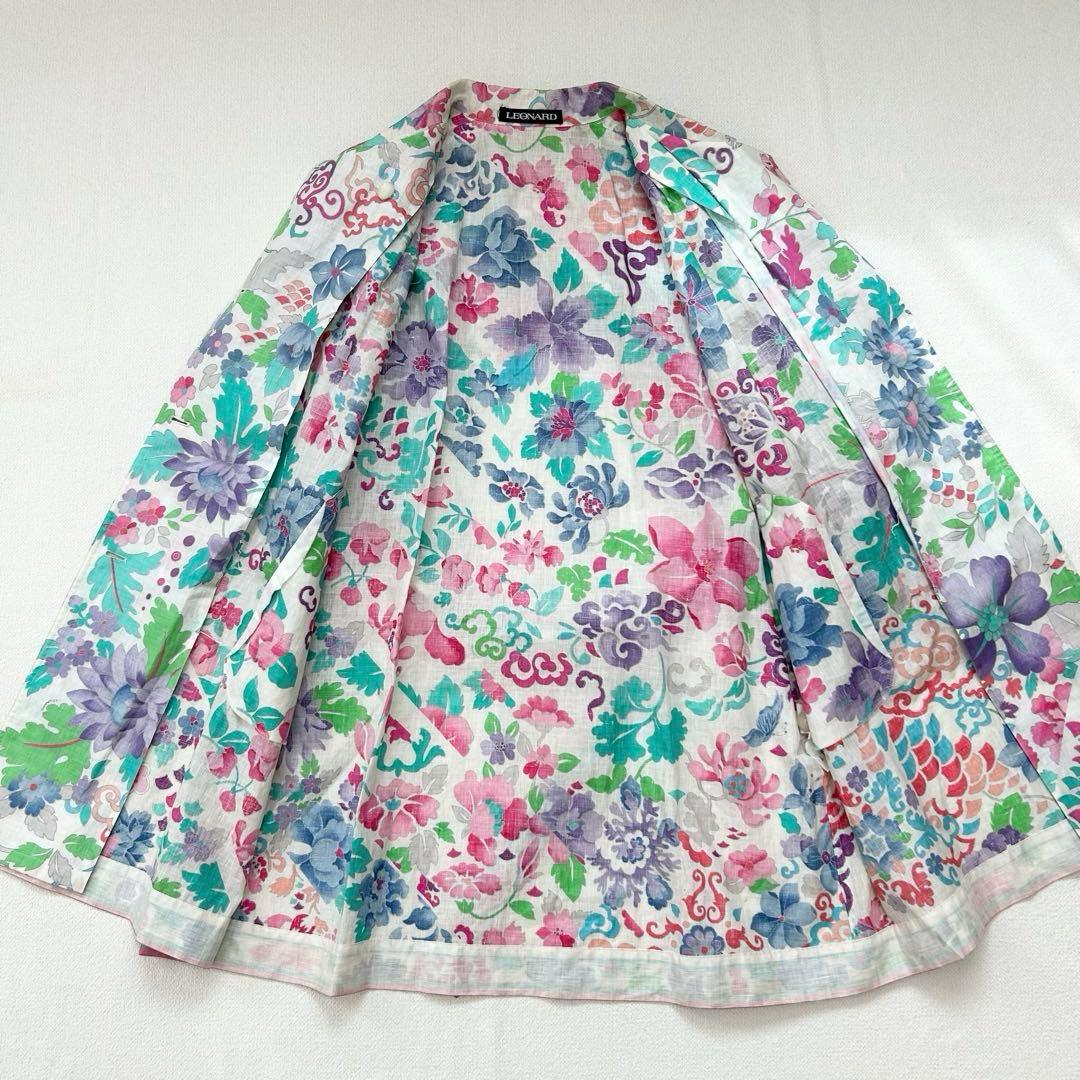 レオナール】スプリングコート M 麻 トリム 花柄 ダブルブレスト
