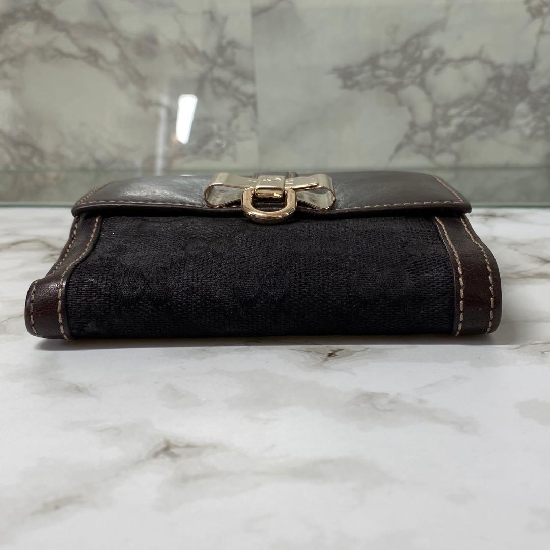 GUCCI グッチ 二つ折り財布 GG ブラウン キャンバス リボン コンパクト