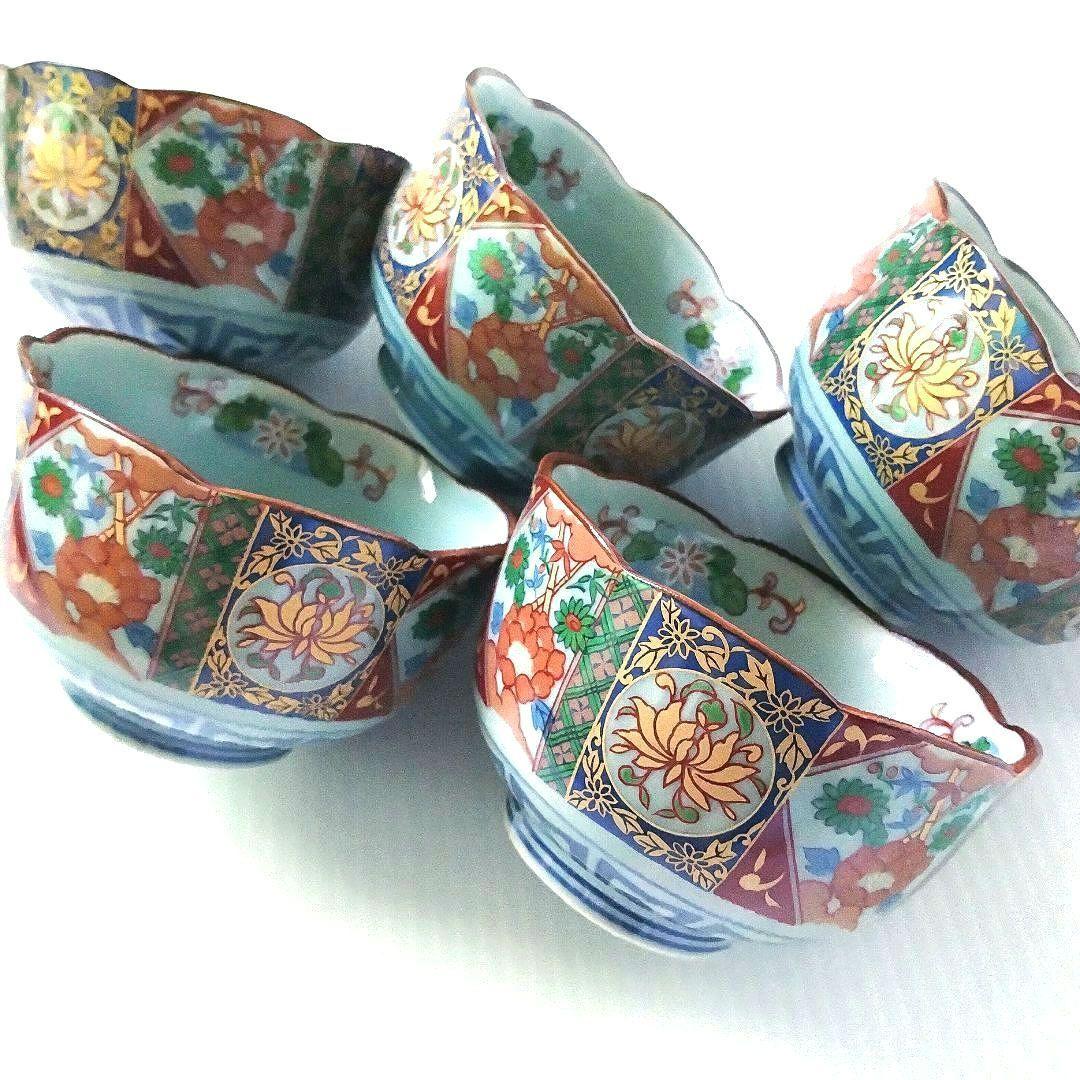 有田焼 古伊万里 金彩 金襴手 色錦 色絵 小鉢 深鉢 和食器 輪花皿 5客