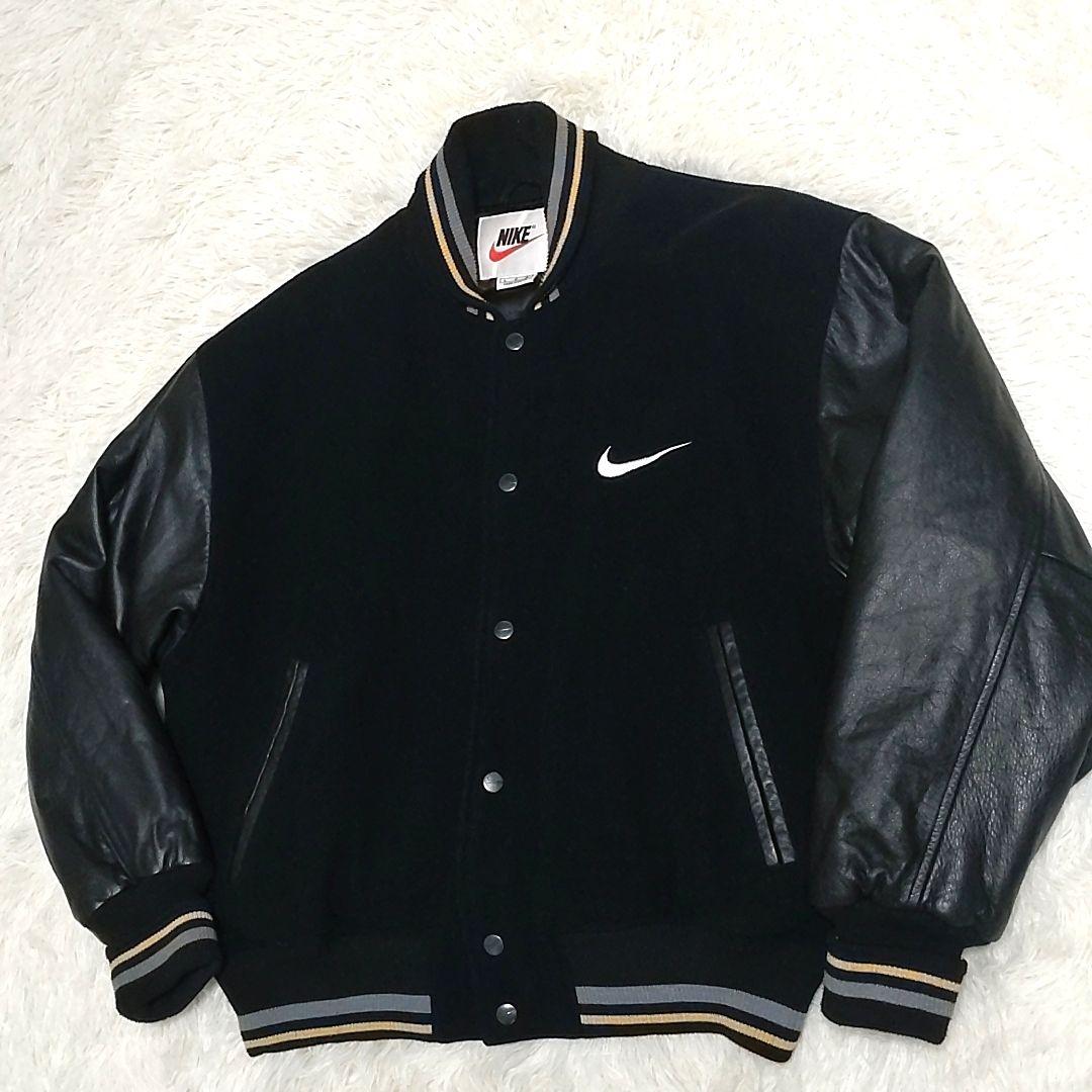 希少】90s NIKE 袖レザー スタジャン BIG SWOOSH ブラック - メルカリ