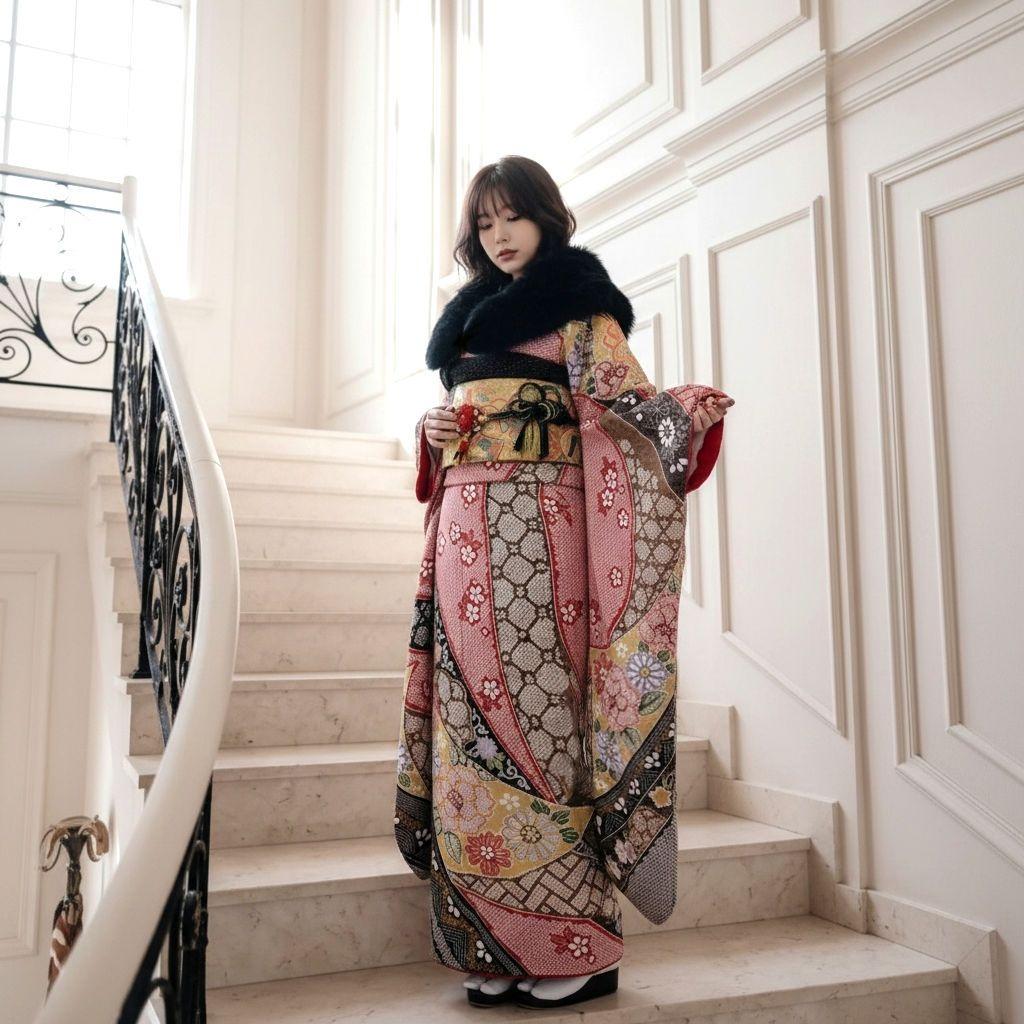 SALE中！振袖フルセット(8点)成人式・総絞り・金駒刺繍・エンボス加工