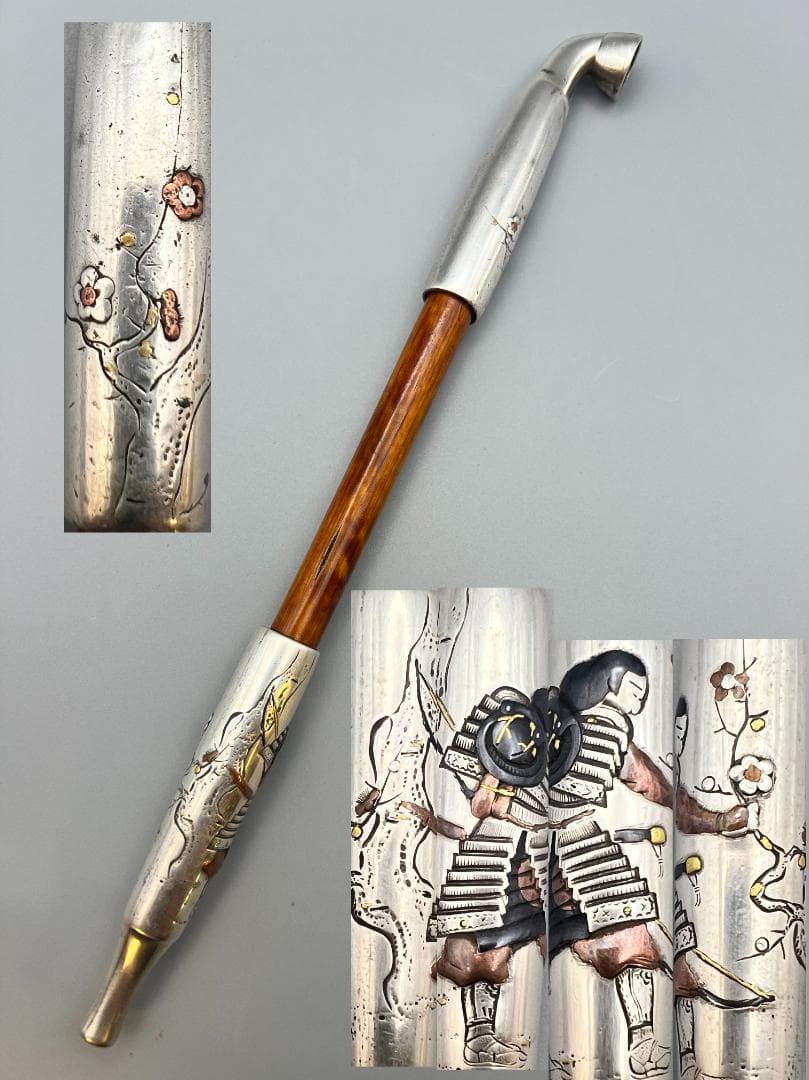 eee”即購入ok 銀煙管　武士梅図　金赤銅象嵌　キセル　銀細工　アンティ 楽天市場】茂作煙管 純銀 彩 真鍮延べ 3サイズ 純銀 煙管 竹節 きせる