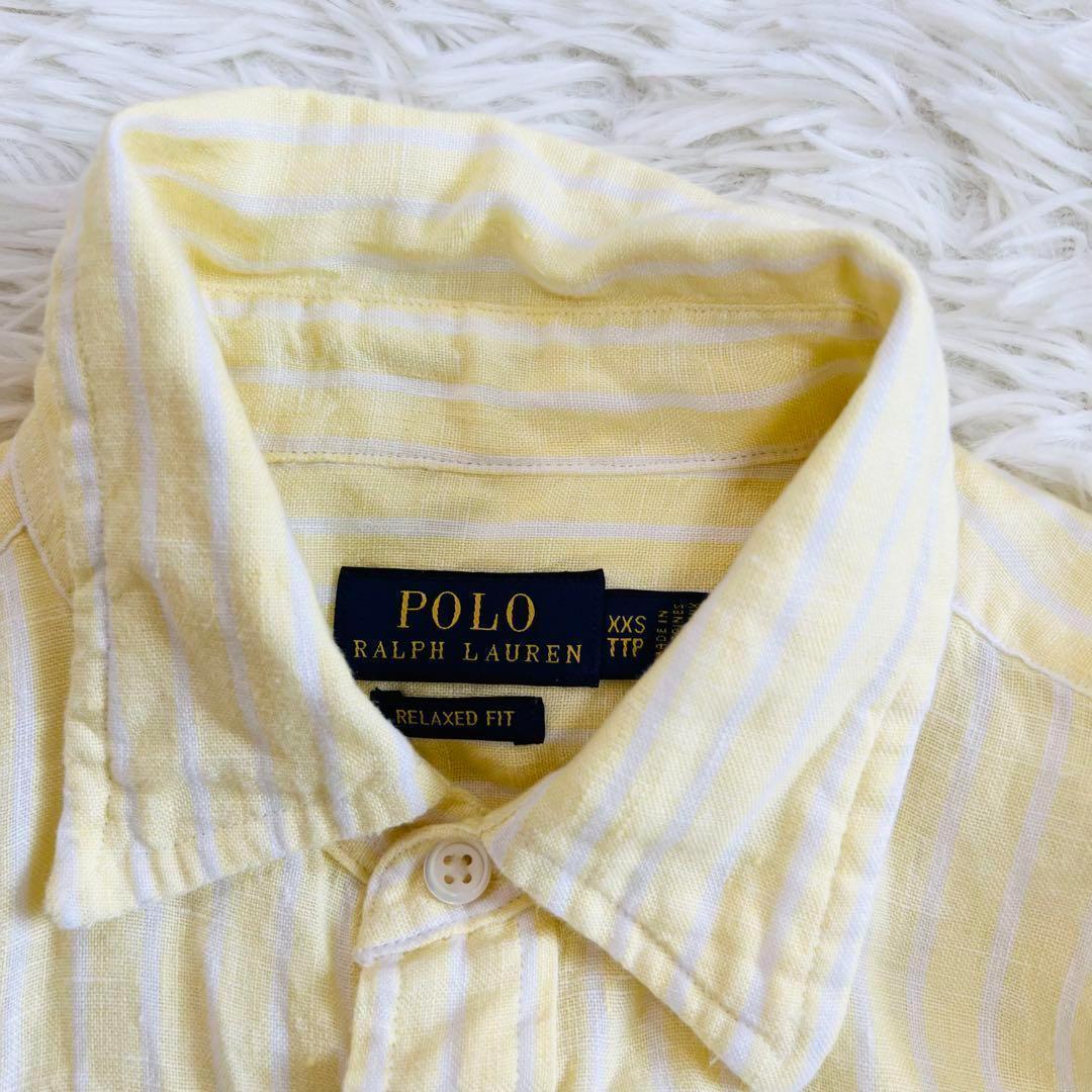 美品 ポロラルフローレン リネン100% シャツ イエロー ストライプ 現行