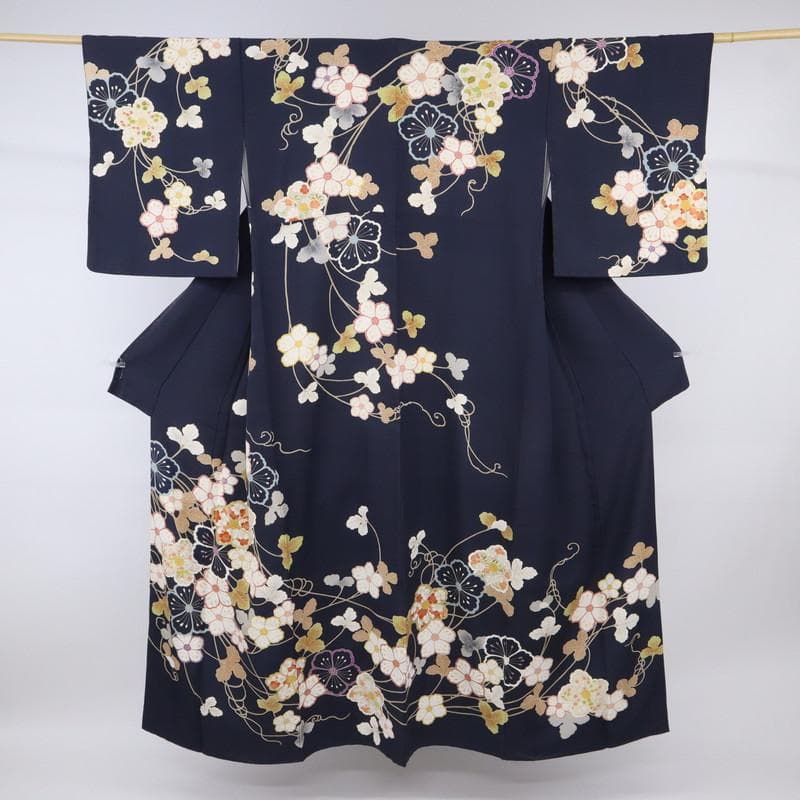 《st★長尺■訪問着■彩り花枠に吉祥文の花々植物■濃紺◆HA3-23》