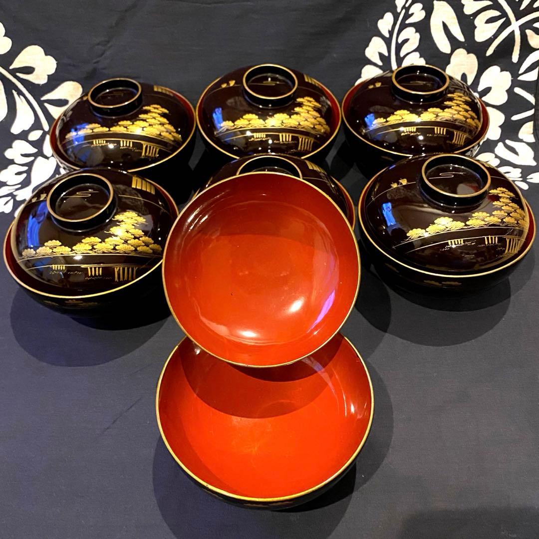 時代物骨董 木製漆器吸物椀七客 蒔絵・黒内朱 源氏物語 松風・葵