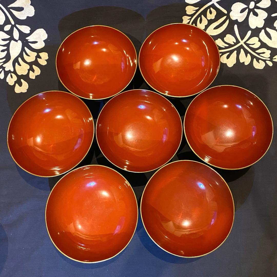 時代物骨董 木製漆器吸物椀七客 蒔絵・黒内朱 源氏物語 松風・葵