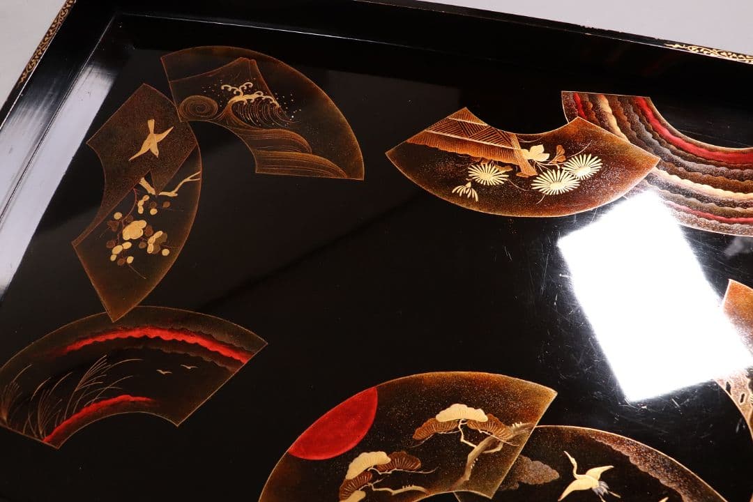 時代 広蓋 二枚組 59.1cm 扇面めでた図蒔絵 長方盆 木製【MA278】