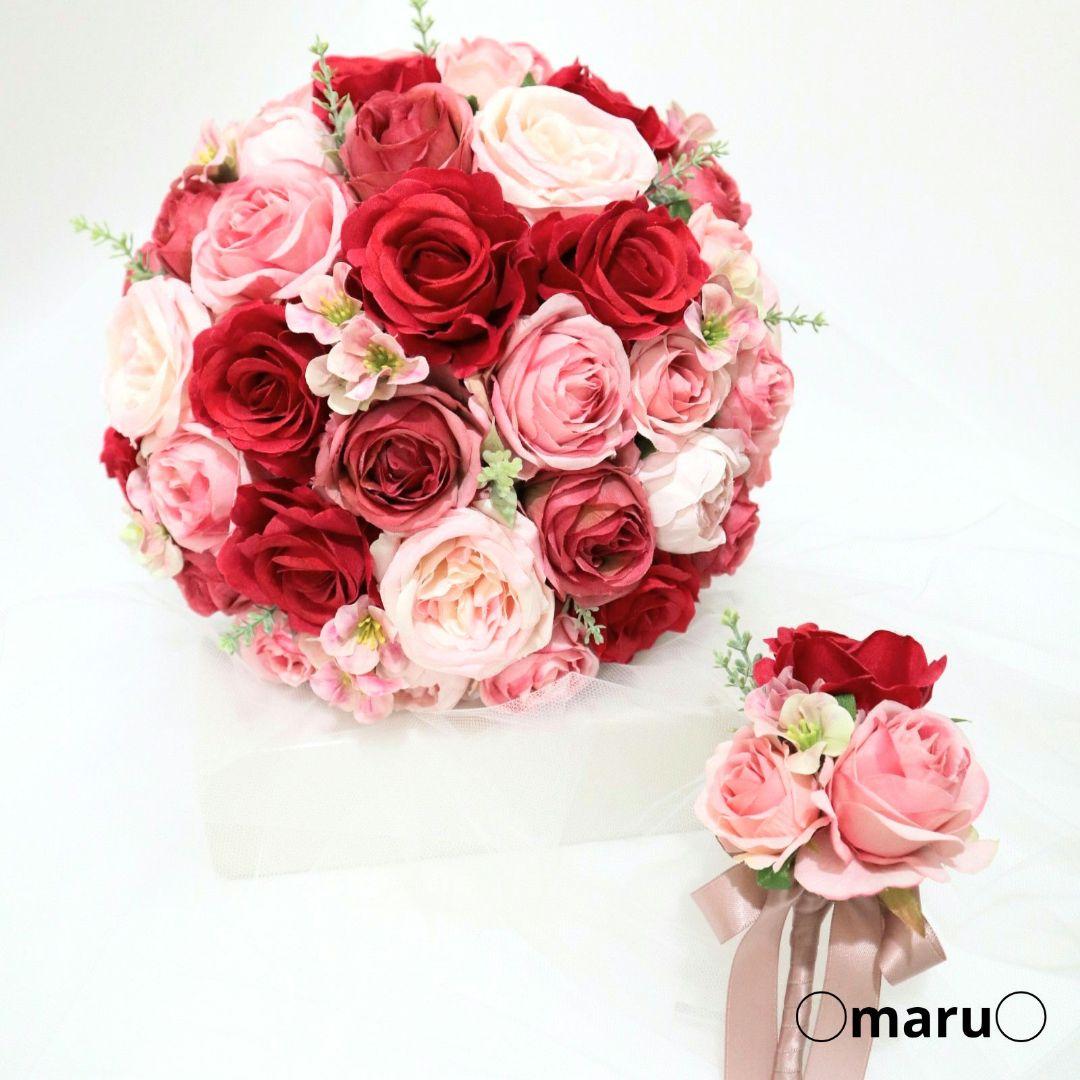 人気❁赤ピンクブーケ・ブートニア2点セット❁結婚式　前撮り 人気❁赤ピンクブーケ・ブートニア2点セット❁結婚式 前撮り 人気❁赤