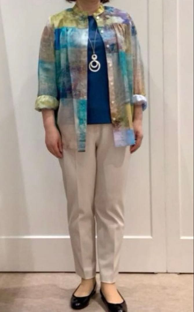 現行 レリアン ブラウス 11号 シアー素材 バンドカラー パッチワーク風