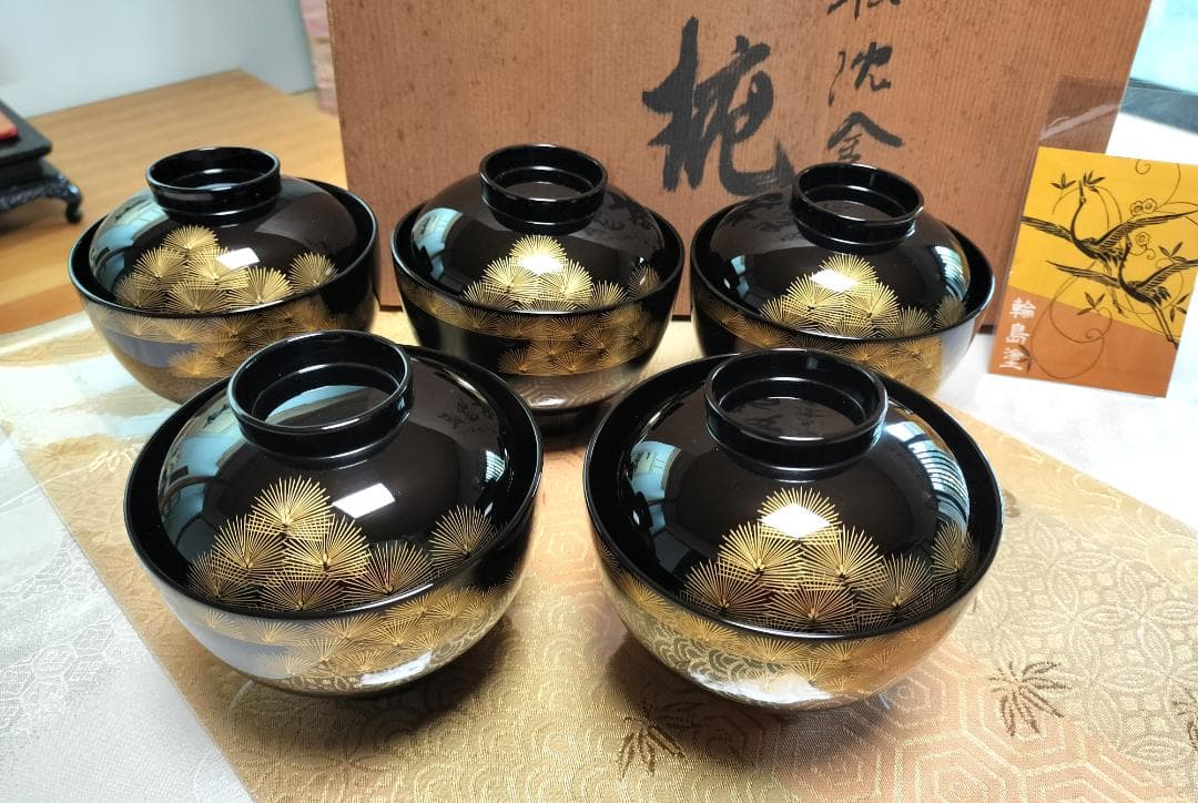 輪島塗 寿松 沈金 5客 蓋付き お吸物椀 共箱 懐石膳 茶道具 - メルカリ