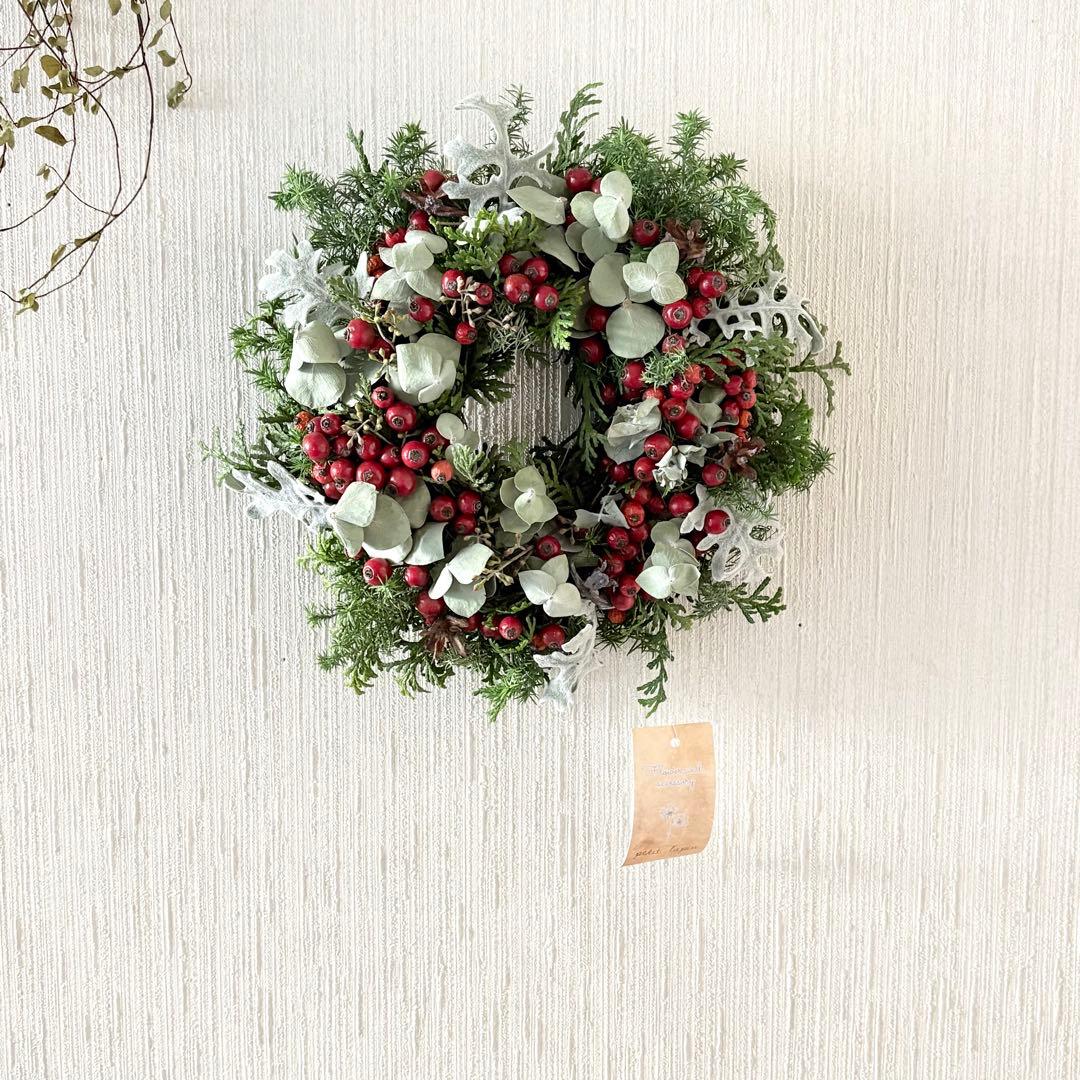 グリーン×赤い実 ナチュラル ドライフラワーリース MS 17cm ＊ 針葉樹