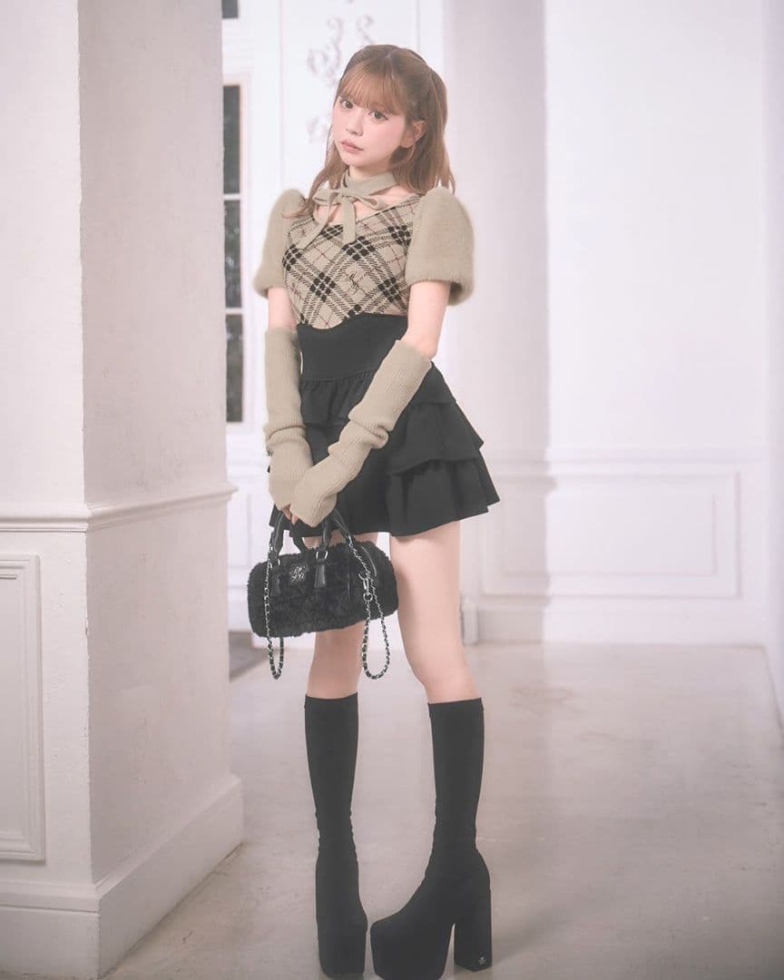 ミシェルマカロン ファースリーブチェックニットトップス XSサイズ